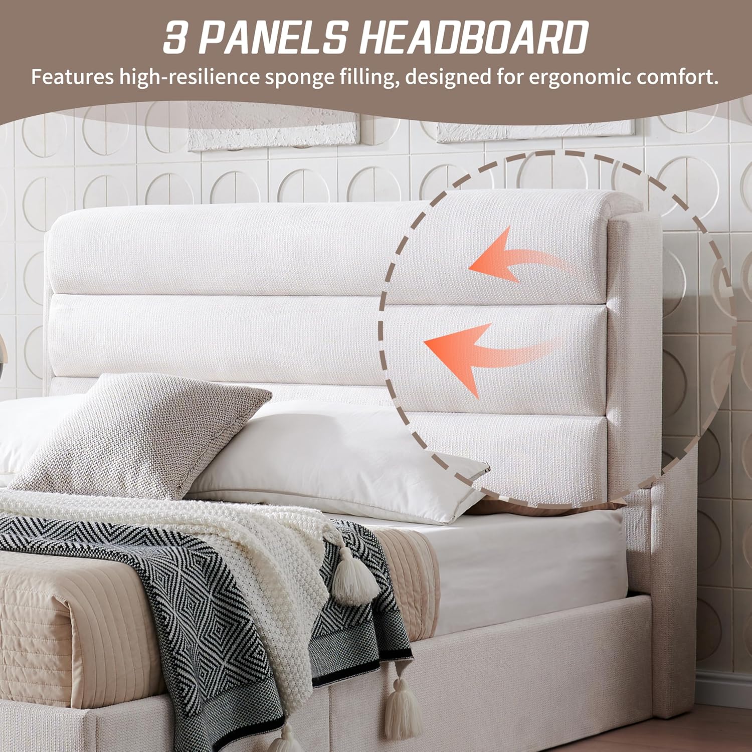 Lift Up Storage Bed Queen Size, Upholstered Platform Bed with Hydraulic System & Wood Slats Support, Queen Bed Frame with 3-Panel Headboard, No Box Spring Needed, Easy Assembly, Ivory