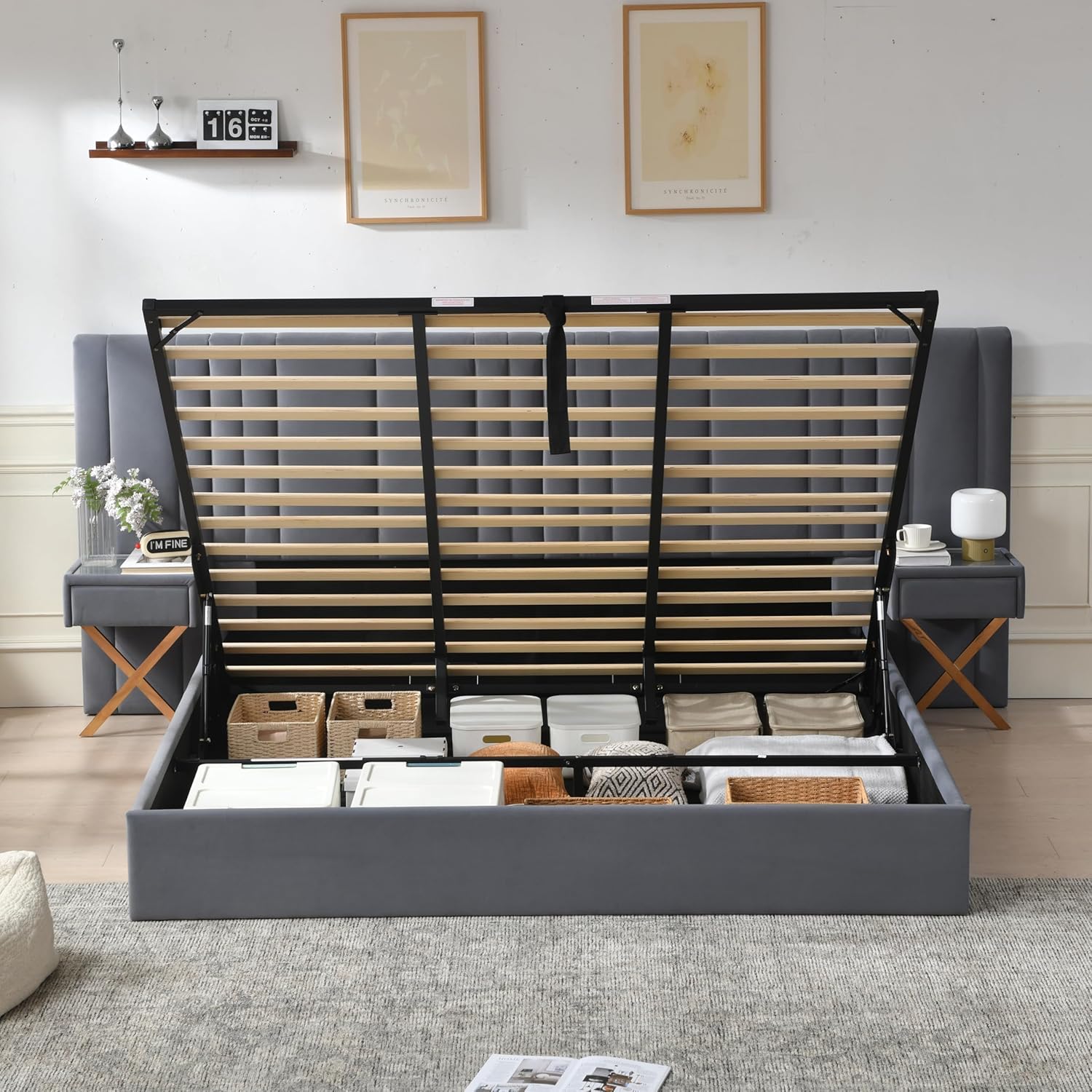 King Size Bed Frame with Built-in Nightstands, Lift Up Storage Bed with Oversize Upholstered Headboard, Luxury Bed Frame with Underneath Storage, Wood Slats Support, No Box Spring Needed, Cream