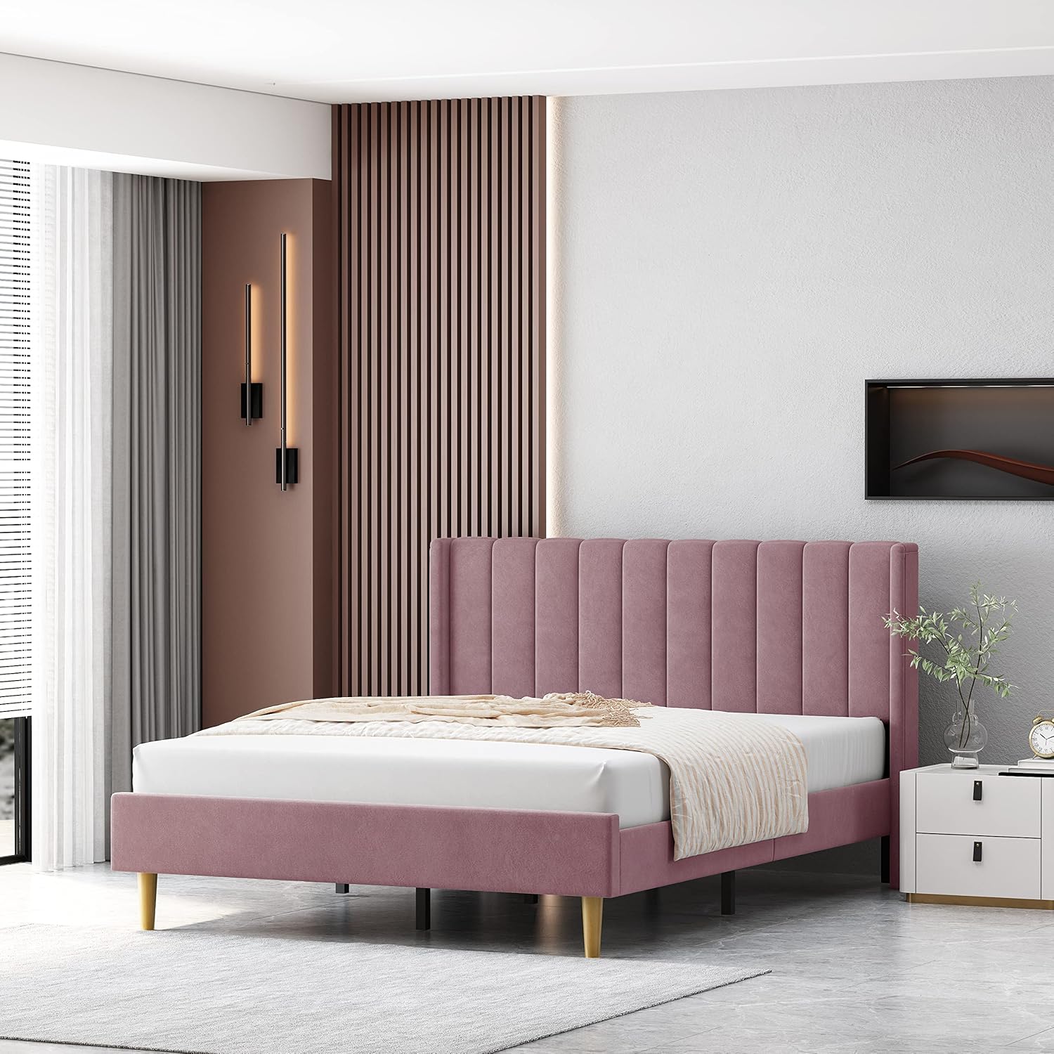 Queen Size Upholstered Platform Bed Frame with Headboard and Legsboard, Wooden Slats, Velvet Fabric, 5.9" Wood Bed Legs, No Box Spring Needed, Easy Assembly, Cream