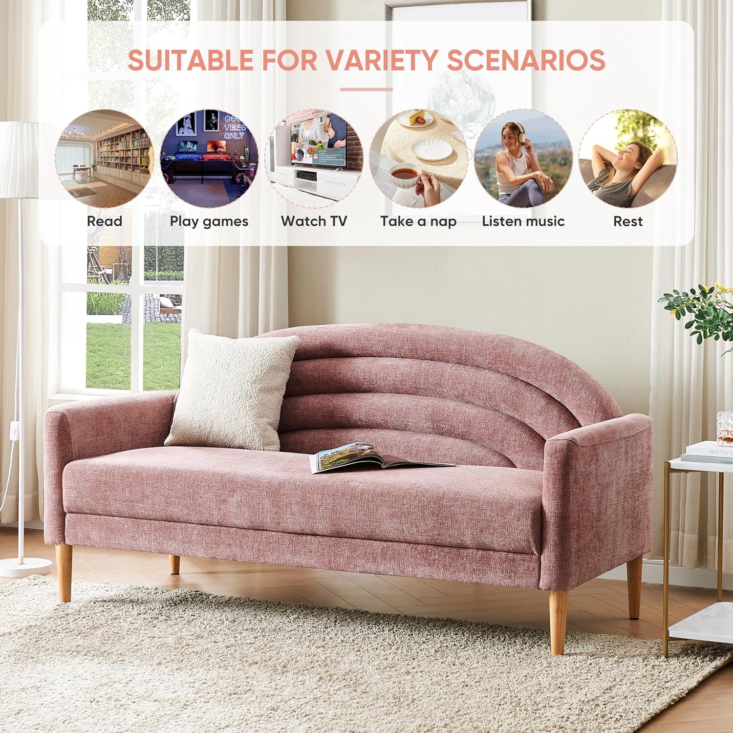 64.17" W Modern Loveseat Sofa Simple Assembly 3-Seat Couch for Living Room Wooden Legs Linen Upholstery (Pink)