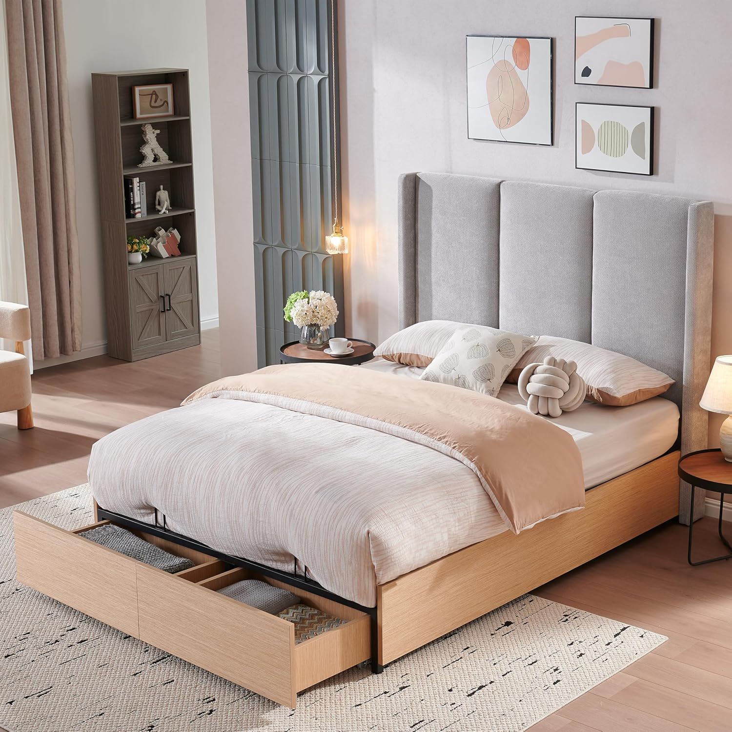 King Upholstered Bed Frame, Extra High Wingback Headboard and 2 Footboard Storage Drawers, Linen Fabric, Light Oak Wood-Finish Base, No Box Spring Needed, Easy Assembly, Beige