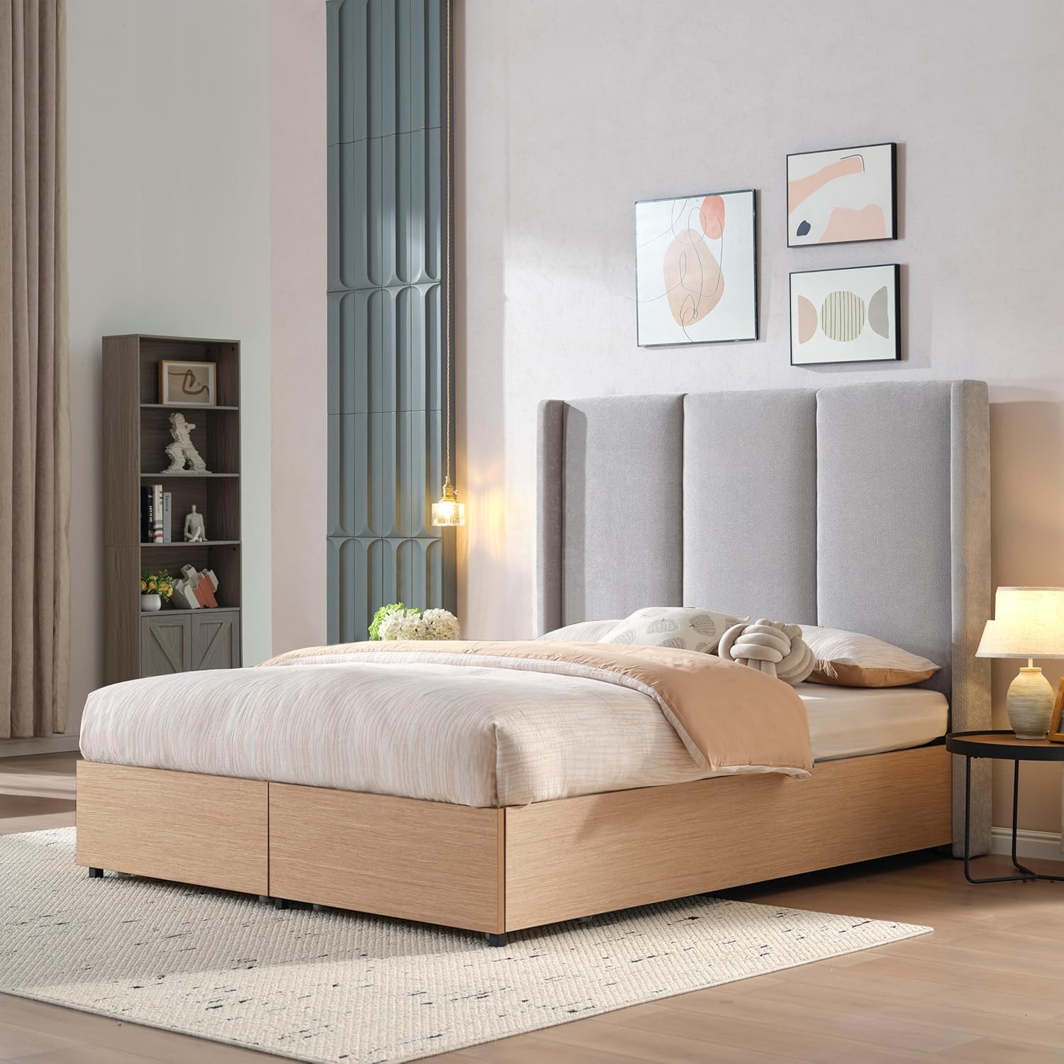 Queen Size Upholstered Bed Frame, Extra High Wingback Headboard and 2 Footboard Storage Drawers, Linen Fabric, Light Oak Wood-Finish Base, No Box Spring Needed, Easy Assembly, Light Gray