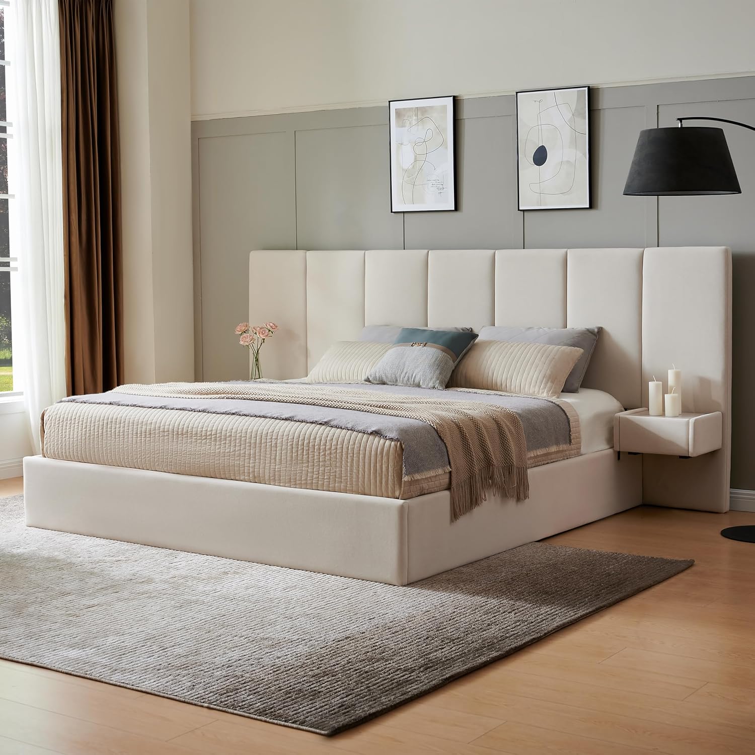 Upholstered Lift Storage Queen Size Bed Frame with Velvet Headboard, 2 Drawers & 9.6" Under-Bed Storage, No Box Spring Needed, Ergonomic Design for Ultimate Comfort, Beige