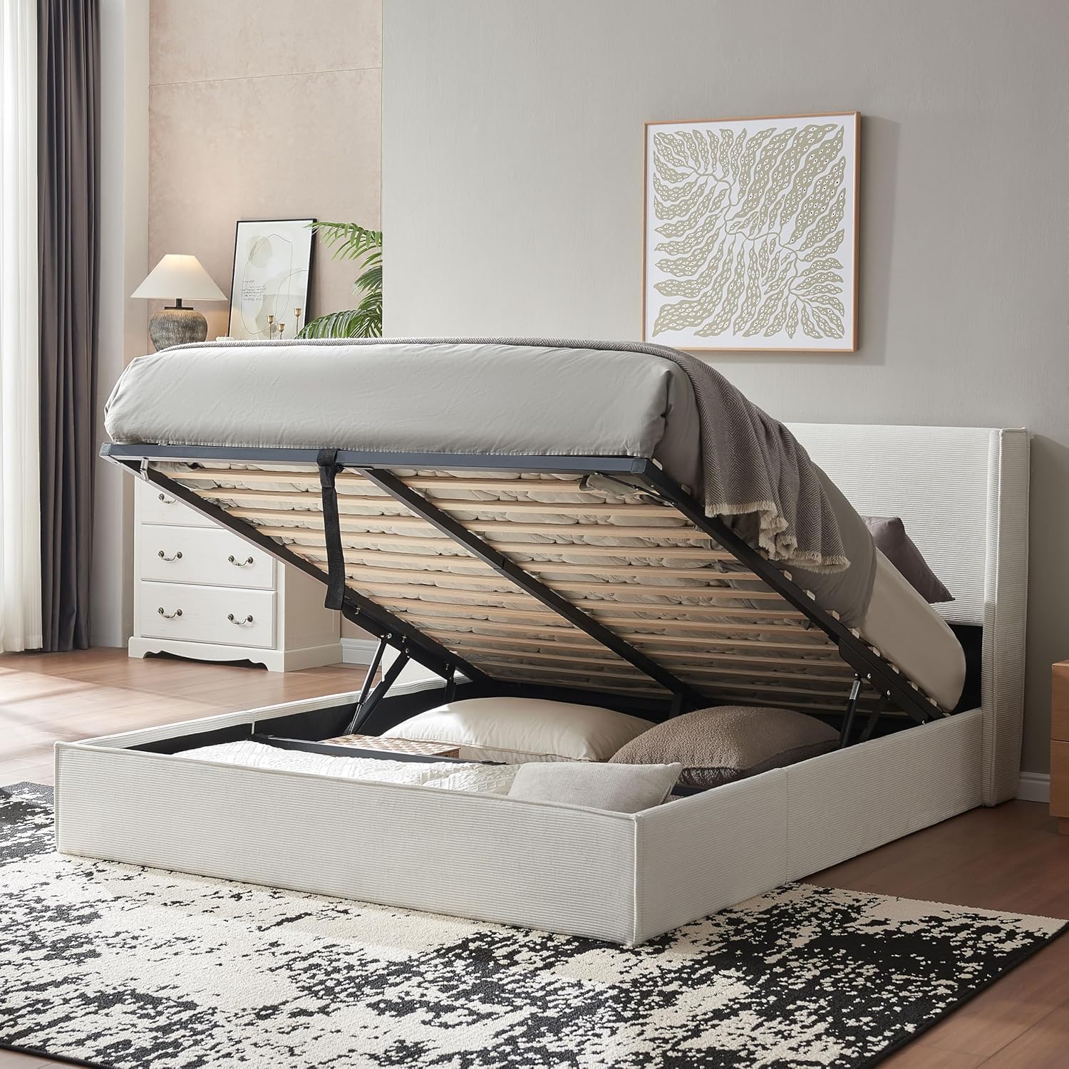 King Size Upholstered Platform Bed Frame with Modern Wingback Headboard, Corduroy Bed Frame with Underneath Storage, Wooden SLats Support, No Box Spring Needed, Easy Assenmbly, Turtle