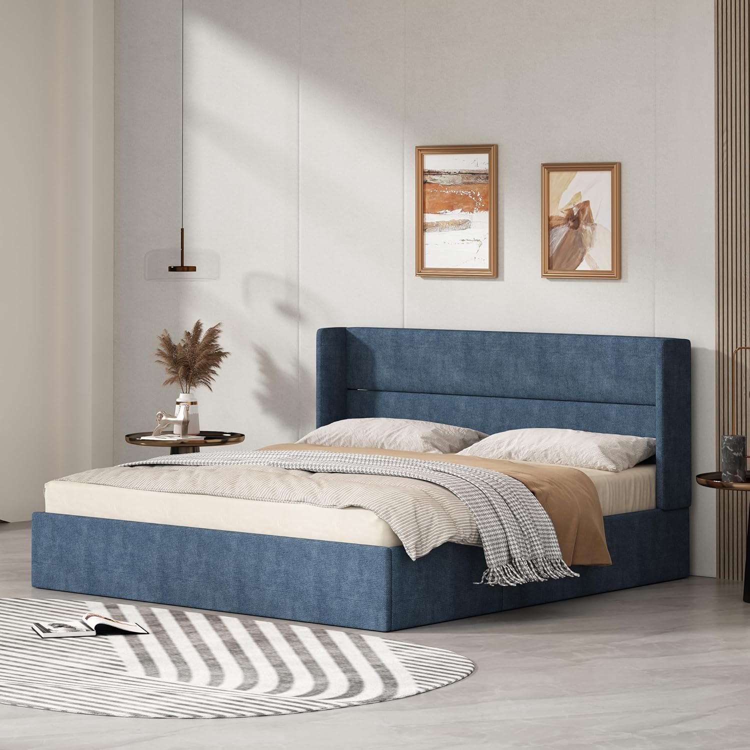 King Size Bed Frame with Storage, Upholstered Platform with Hydraulic, Flannel Fabric Wingback Headboard, Noiseless Wooden Slat Support, No Box Spring Needed, Misty Blue