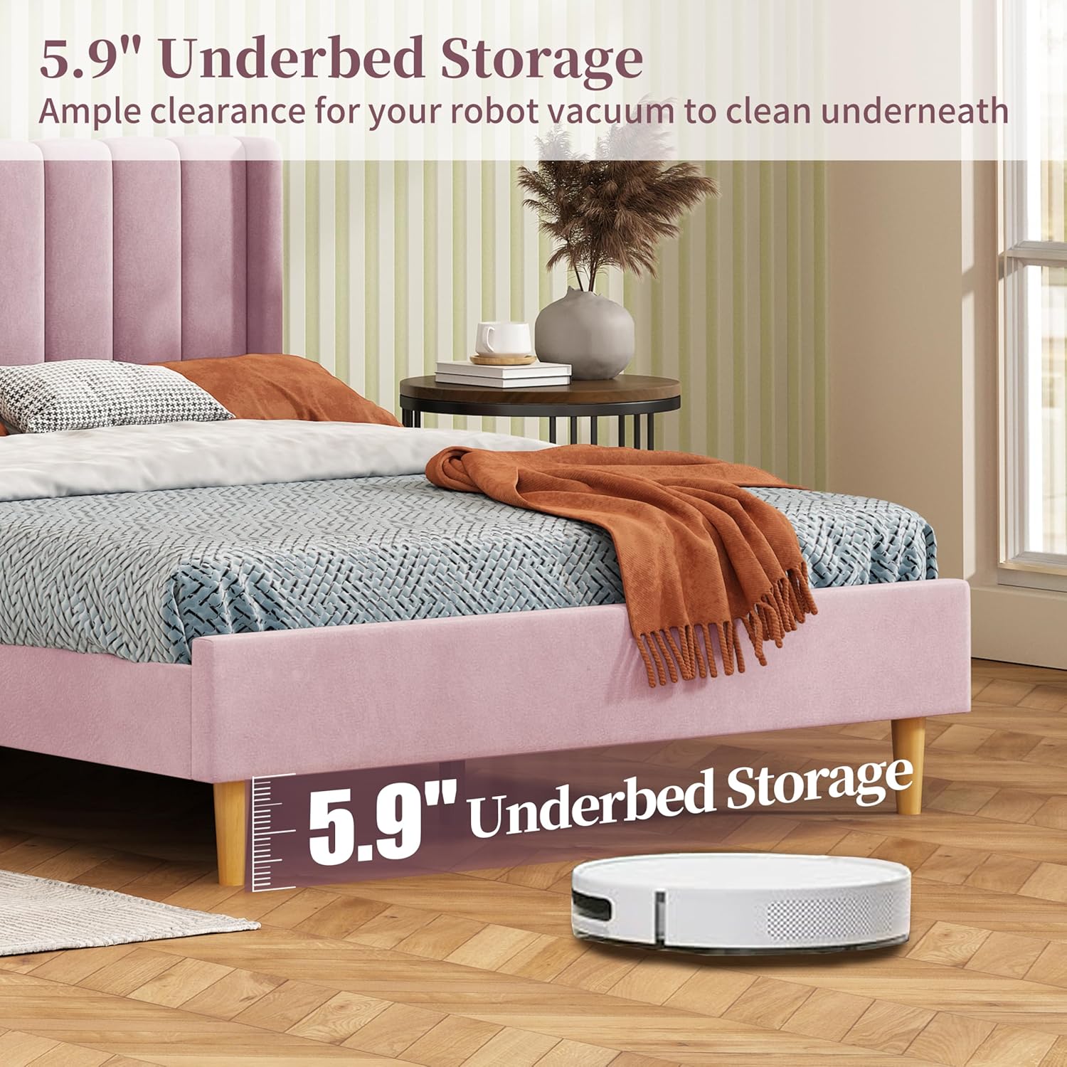 Twin Size Bed Frame, Velvet Upholstered Platform Bed with Vertical Channel Tufted Wingback Headboard, Wooden Slats Support, No Box Spring Needed, Noise-Free, Easy Assembly, Pink