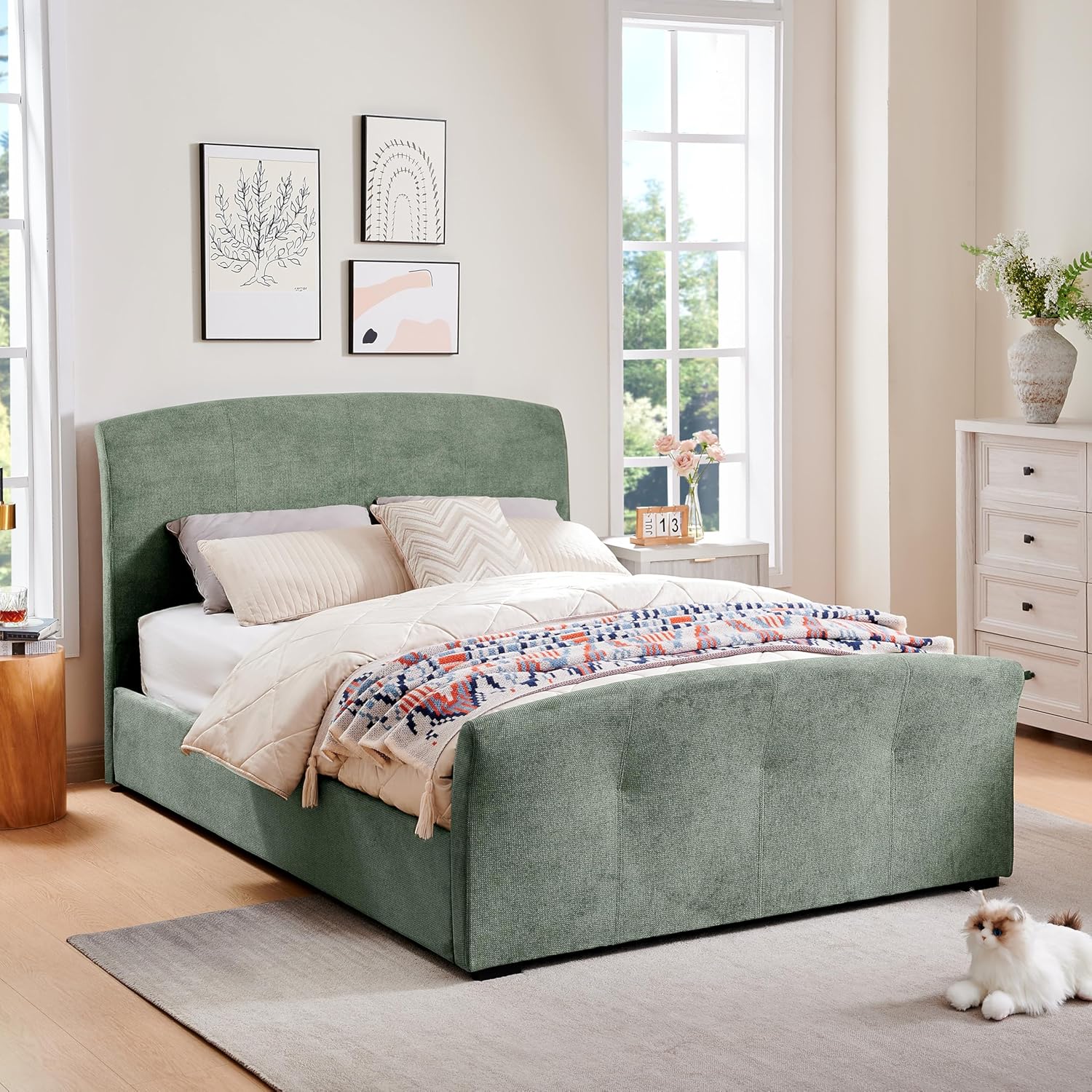 Lift-Up Queen Size Upholstered Bed Frame with Side-Opening Hydraulic Storage, Padded Headboard, Metal Frame, No Box Spring Needed, Moss Green