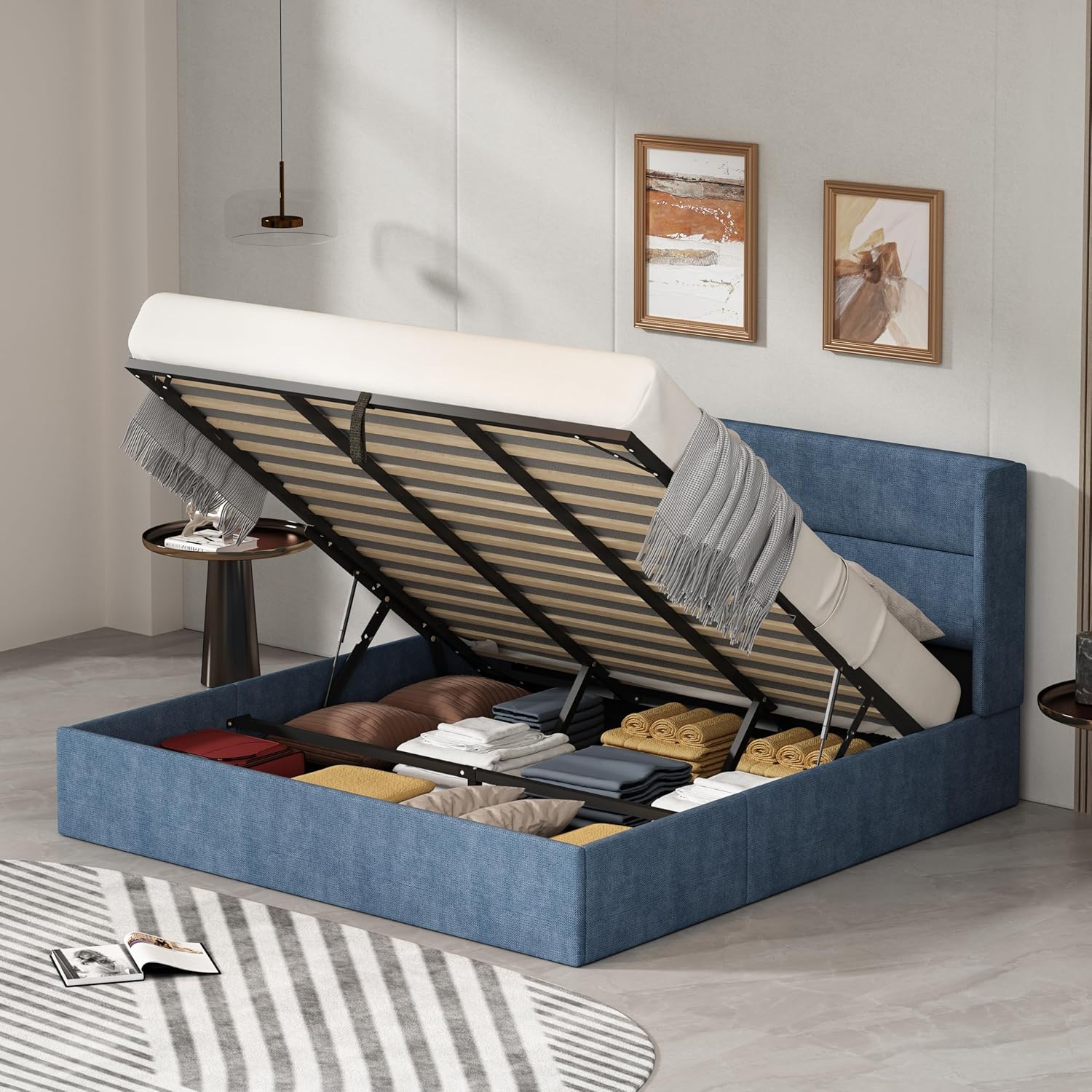 King Size Bed Frame with Storage, Upholstered Platform with Hydraulic, Flannel Fabric Wingback Headboard, Noiseless Wooden Slat Support, No Box Spring Needed, Misty Blue