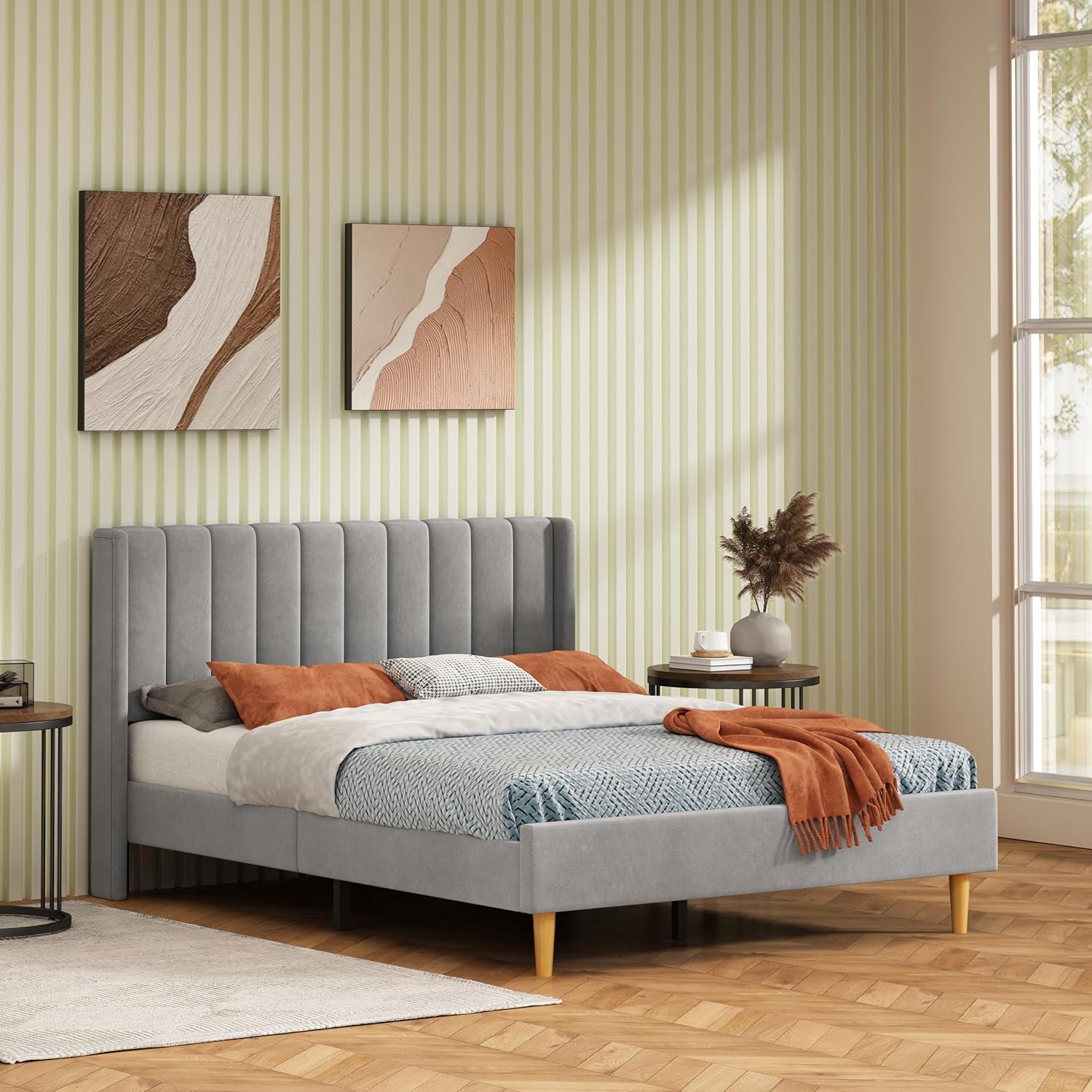 Twin Size Platform Bed Frame with Wingback Headboard, Velvet Fabric Upholsteredand, Metal Frame & Wooden Slats Support, No Box Spring Needed, Easy Assembly, Gray