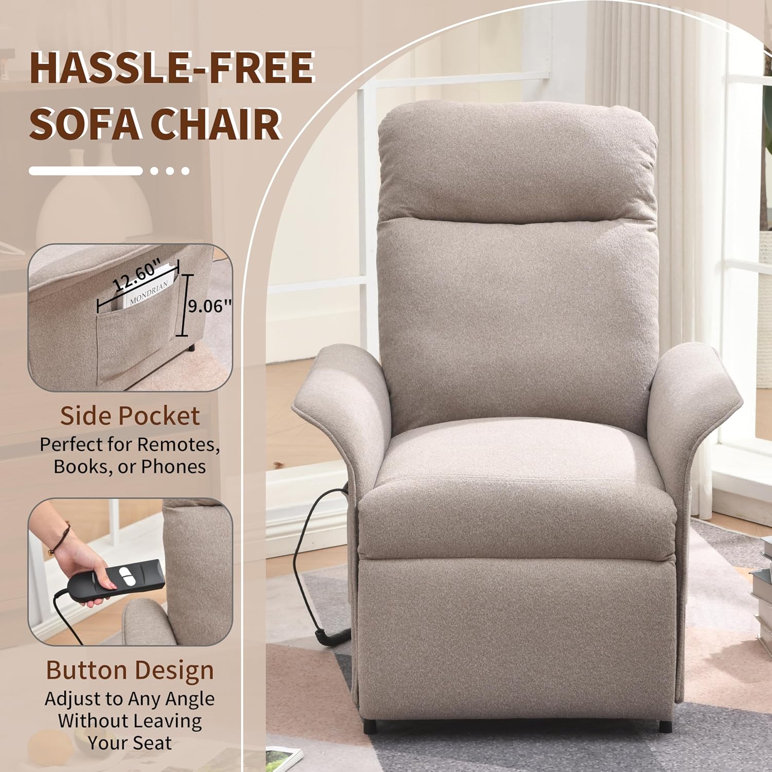 Power Recliner Chair, Adjustable Electric Recliner Chairs for Adults, Sleeper Sofa Bed with Remote Control & Side Pocket, Linen Upholstered Chair for Living Room/Bedroom, Easy Assembly,Brown