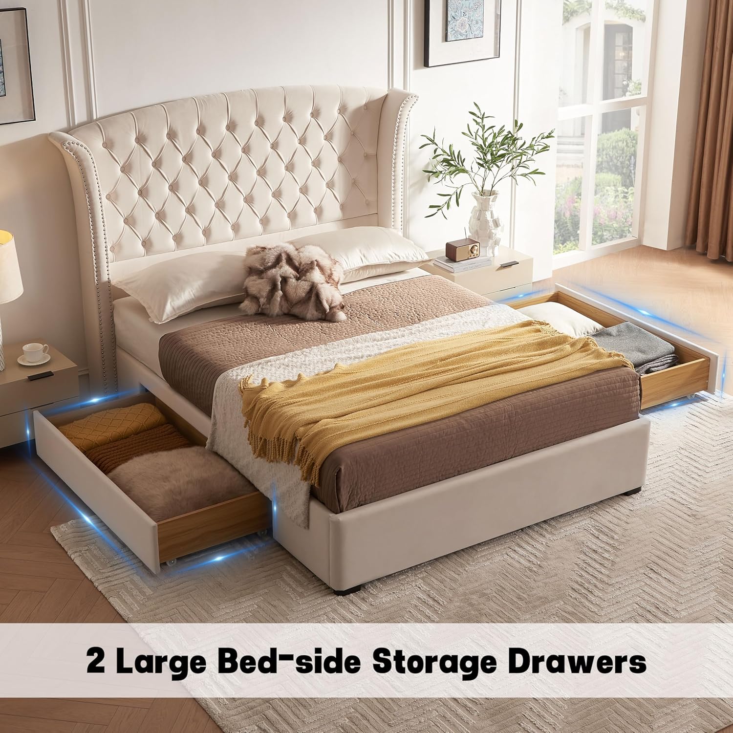 Upholstered Queen Size Bed Frame with 2 Storage Drawers, Button Tufted Wingback Headboard, Heavy Duty Mattress Foundation with Wooden Slats, No Box Spring Needed, Easy Assemable, Beige