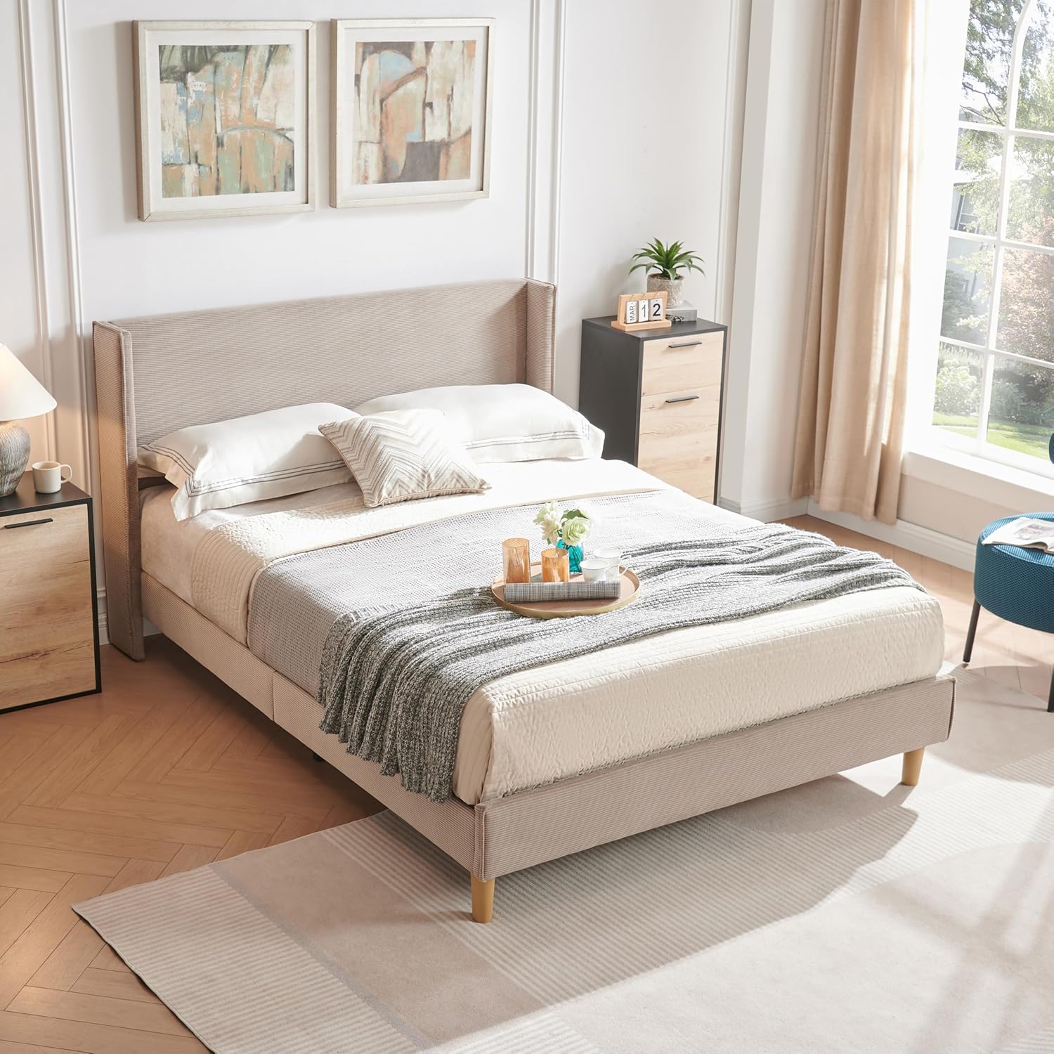 Queen Bed Frame with 42.5" High Wingback Headboard, Tall Upholstered Bed, Wooden Slats Support, Corduroy Upholstered, Noise Free, No Box Spring Needed, Easy Assembly, Turtle