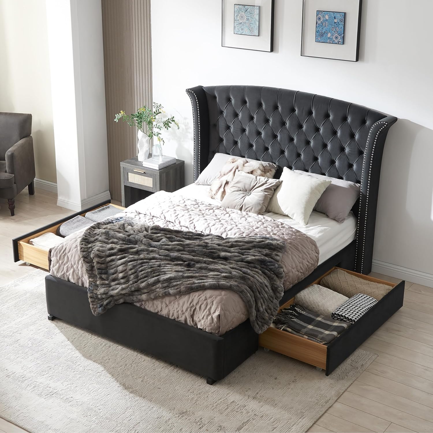 Upholstered Queen Size Bed Frame with 2 Storage Drawers, Button Tufted Wingback Headboard, Heavy Duty Mattress Foundation with Wooden Slats, No Box Spring Needed, Easy Assemable, Ink Blue