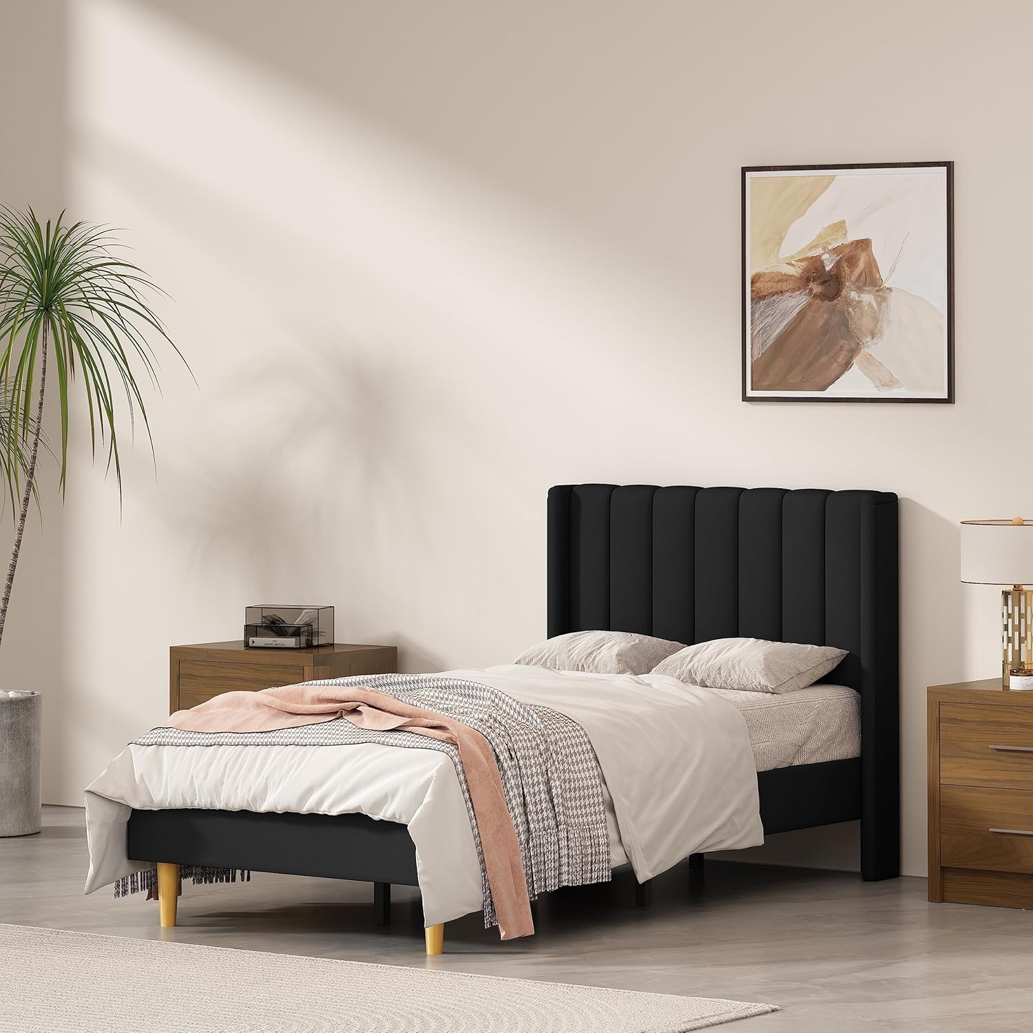 Queen Size Upholstered Platform Bed Frame with Headboard and Legsboard, Wooden Slats, Velvet Fabric, 5.9" Wood Bed Legs, No Box Spring Needed, Easy Assembly, Cream
