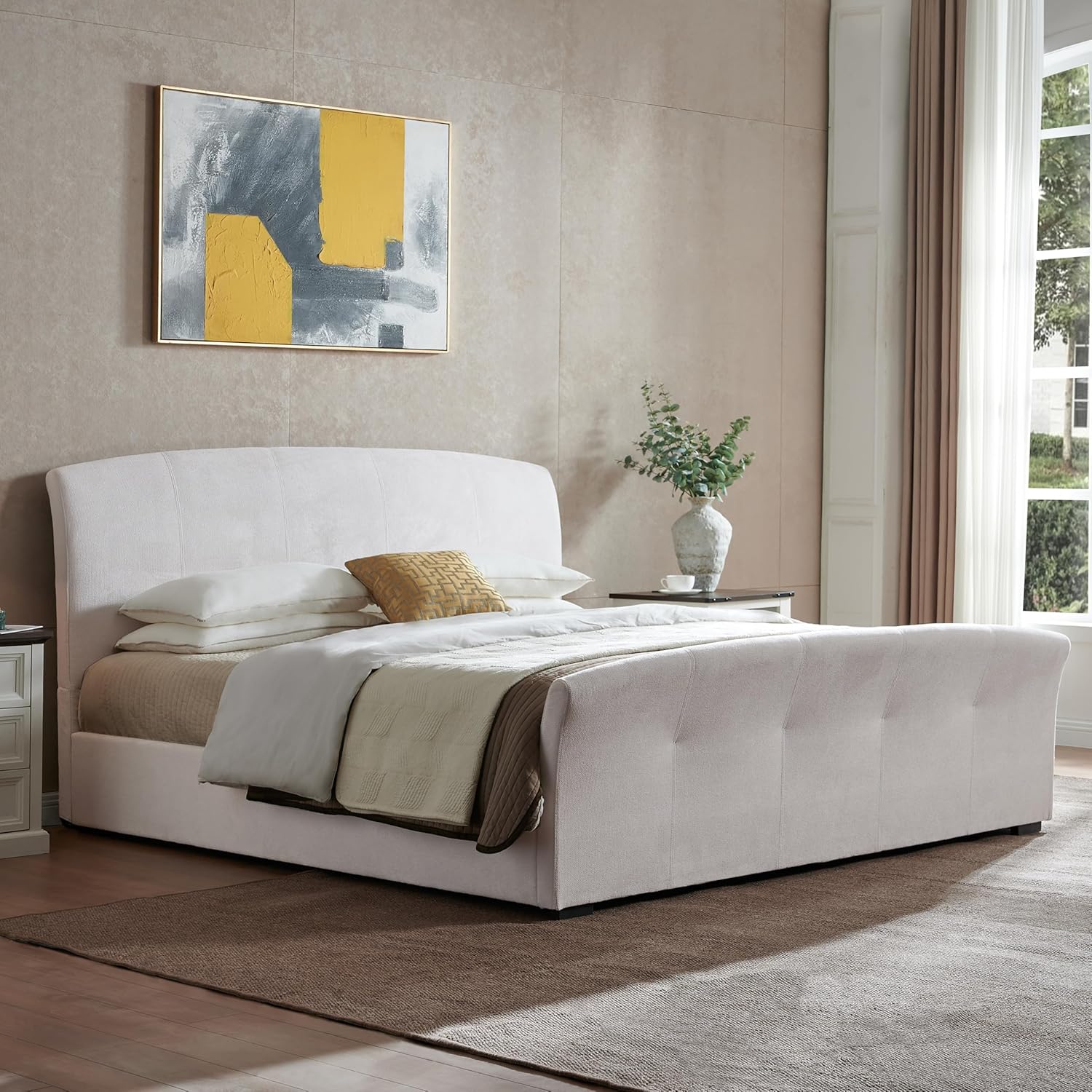 King Size Gas Lift Up Storage Bed, Bed Frame with Curved Upholstered Headboard & Button-Tufted Footboard,Hydraulic Support, Wood Slats, No Box Spring Needed, Easy Assemble, White