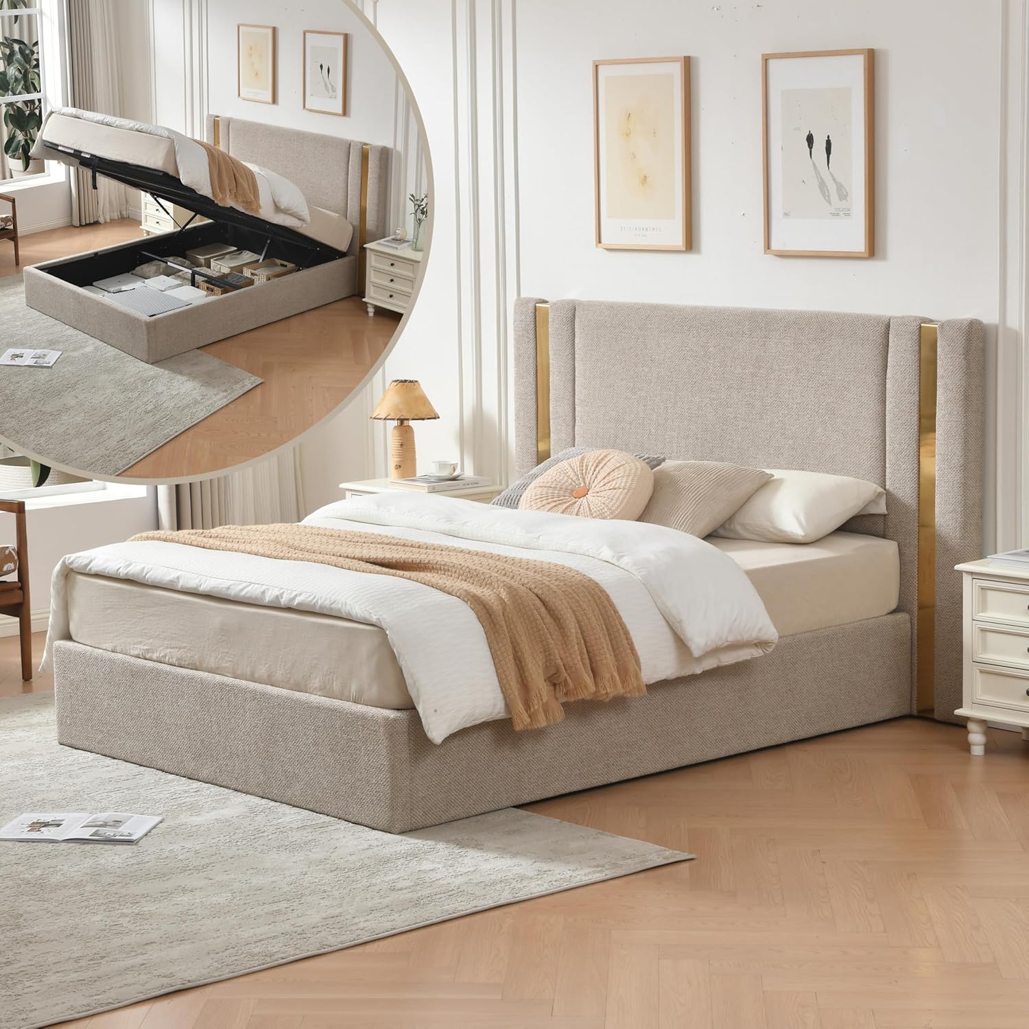 Queen Size Lift Up Storage Bed, Upholstered Platform Bed Frame with Linen Fabric, Solid-Platform Bed with Wide Headboard, Hydraulic Storage, No Box Spring Needed, Eay Assembly, Mink