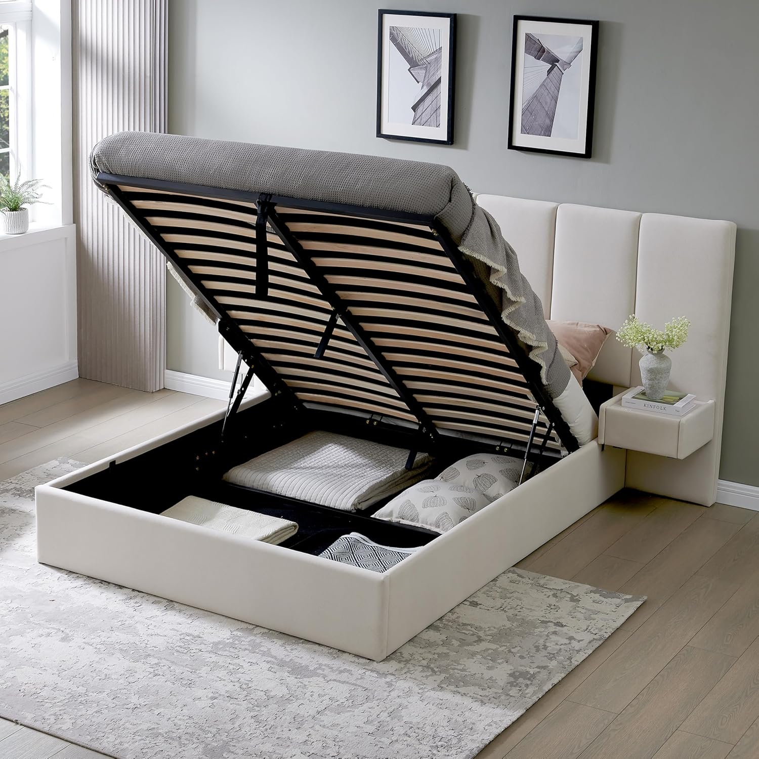 Upholstered Lift Storage Queen Size Bed Frame with Velvet Headboard, 2 Drawers & 9.6" Under-Bed Storage, No Box Spring Needed, Ergonomic Design for Ultimate Comfort, Beige