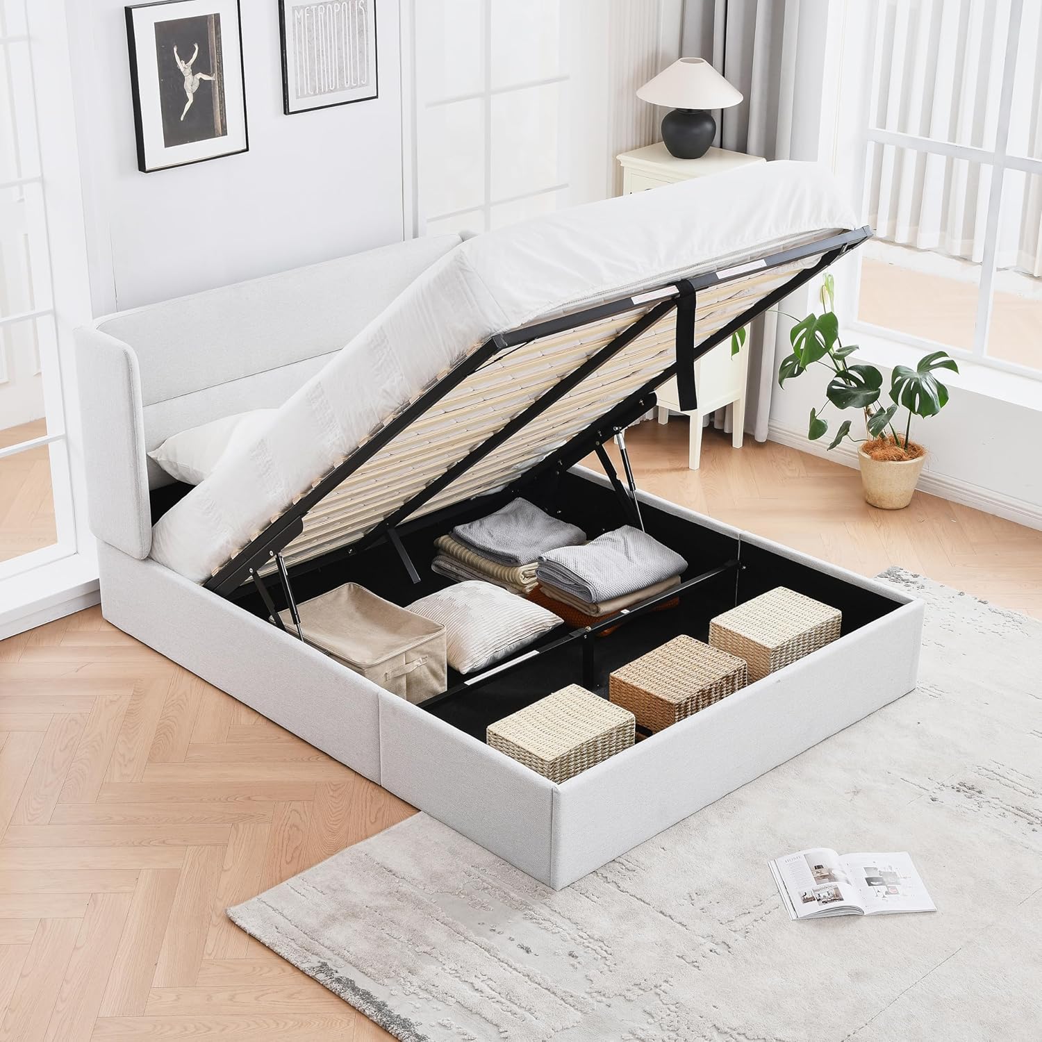 King Size Bed Frame with Storage, Upholstered Platform with Hydraulic, Flannel Fabric Wingback Headboard, Noiseless Wooden Slat Support, No Box Spring Needed, Misty Blue