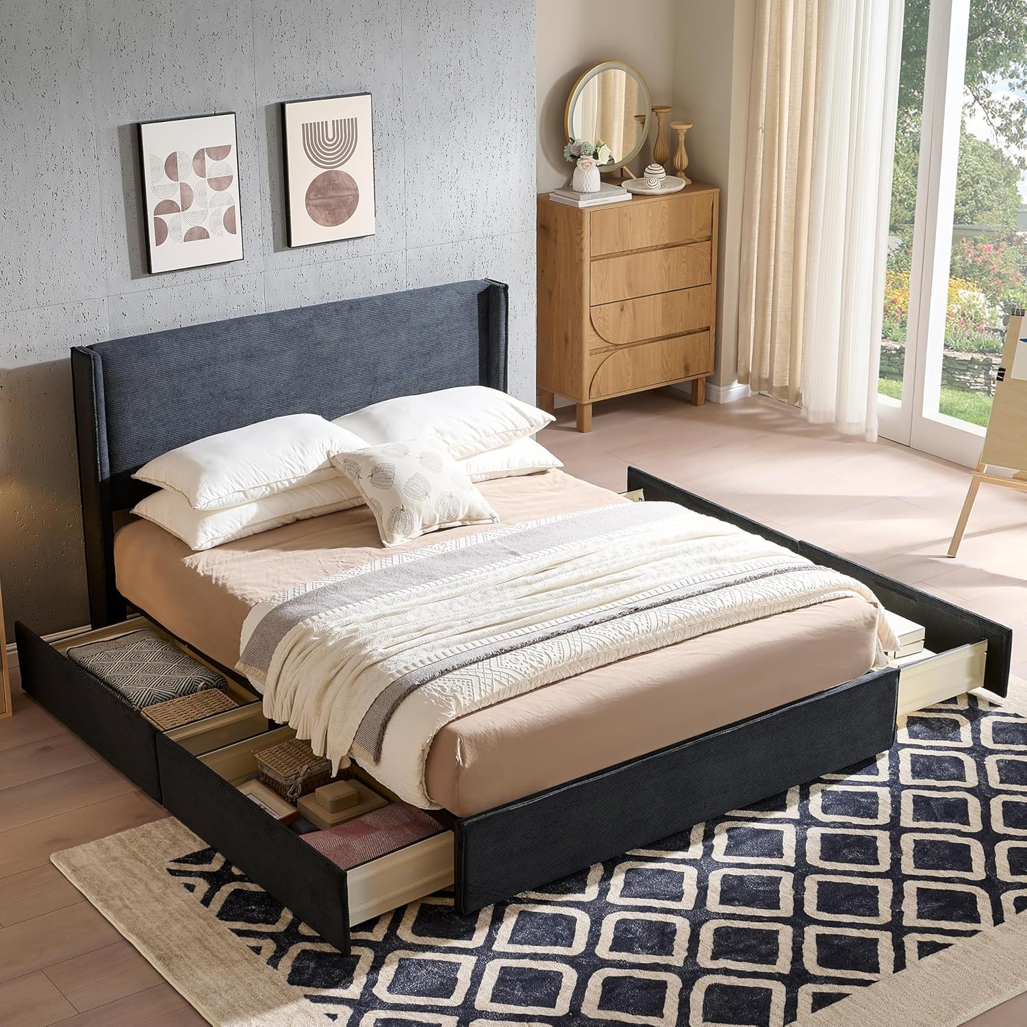 King Size Platform Bed Frame with 4 Storage Drawers, Upholstered Headboard, Wooden Slats Support, Fully Upholstered Mattress Foundation, No Box Spring Needed, Easy Assembly, Black