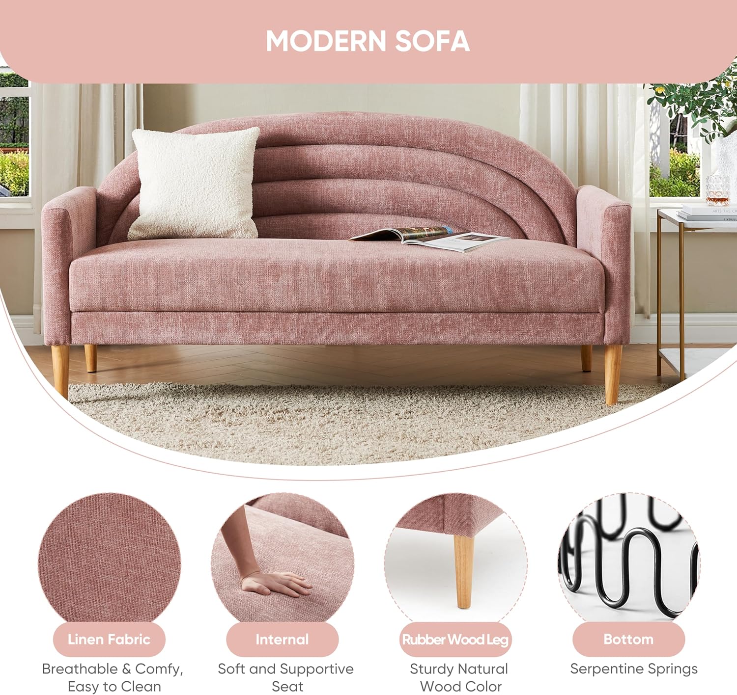 64.17" W Modern Loveseat Sofa Simple Assembly 3-Seat Couch for Living Room Wooden Legs Linen Upholstery (Pink)