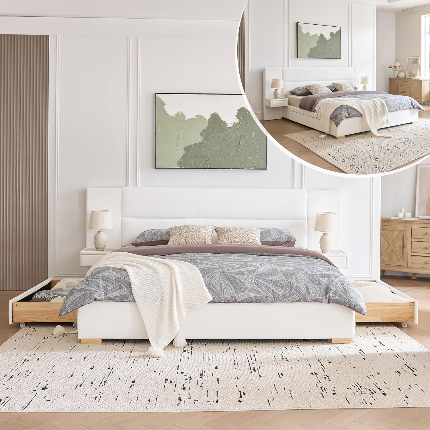 King Size Upholstered Platform Bed Frame with 2 Side Storage Drawers & Built-in Nightstands, Linen Headboard, Sturdy Metal Frame, Noise-Free, No Box Spring Needed, White