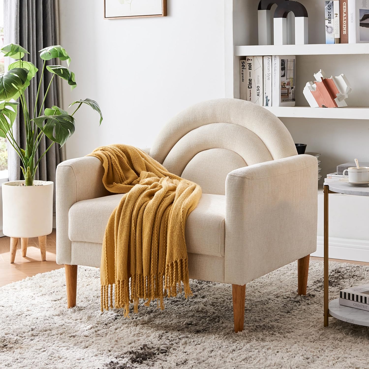 Accent Chair Reading Chair with Armrest, Small Comfy Chair for Small Spaces, Modern Linen Upholstered Armchair for Bedroom & Living Room, Single Sofa Chair with Wood Legs, Easy Assembly (Cream)