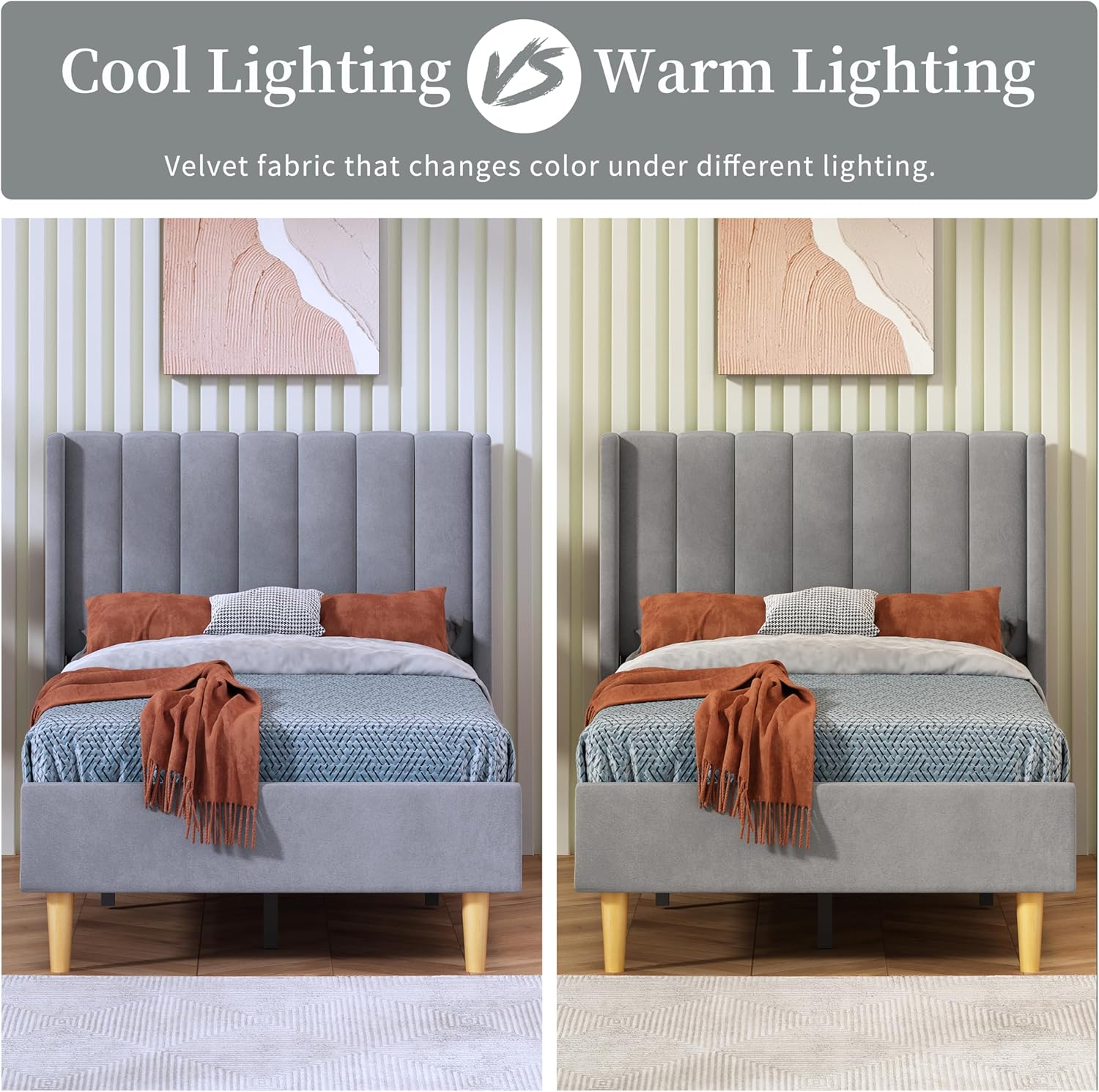 Twin Size Platform Bed Frame with Wingback Headboard, Velvet Fabric Upholsteredand, Metal Frame & Wooden Slats Support, No Box Spring Needed, Easy Assembly, Gray