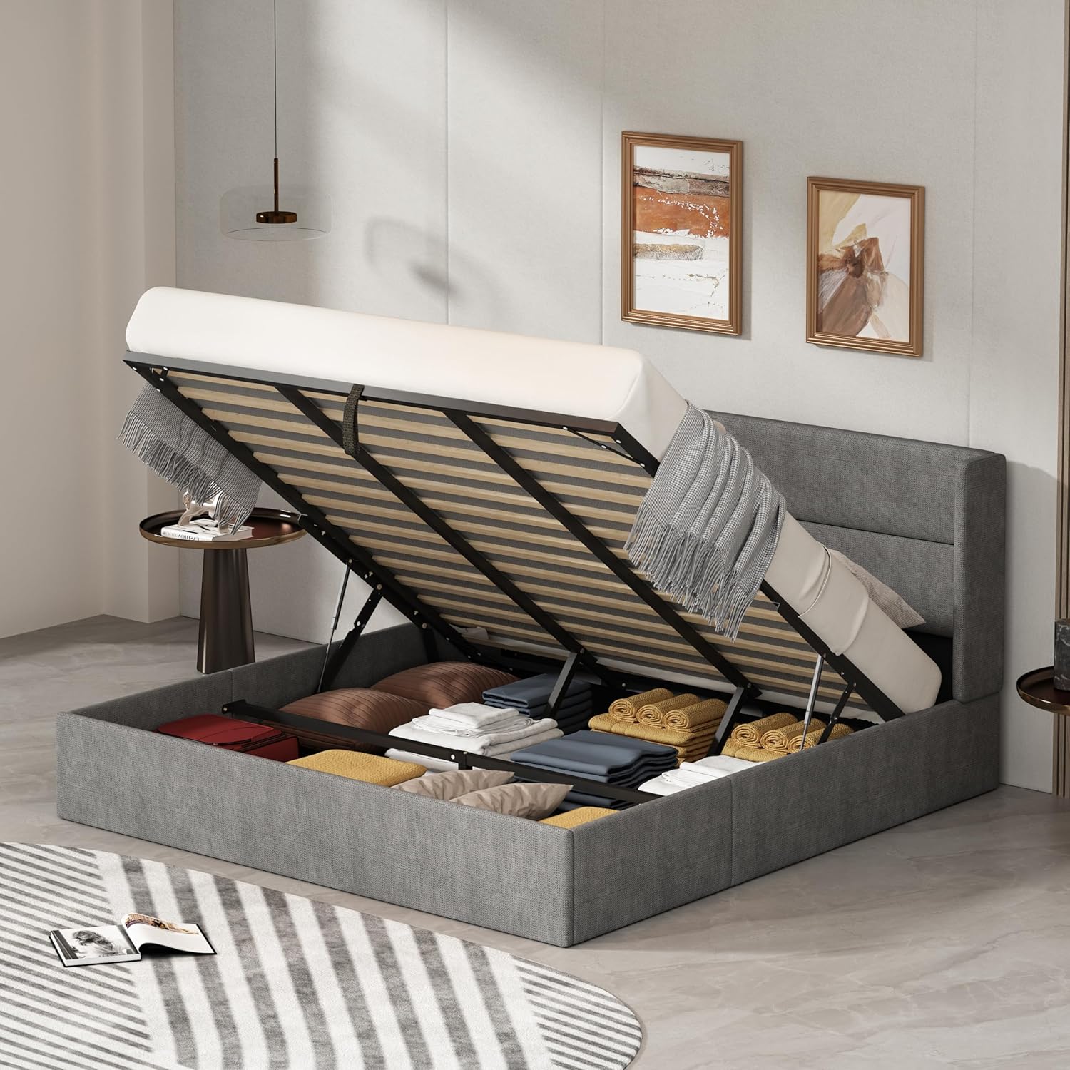 King Size Bed Frame with Storage, Upholstered Platform with Hydraulic, Flannel Fabric Wingback Headboard, Noiseless Wooden Slat Support, No Box Spring Needed, Misty Blue