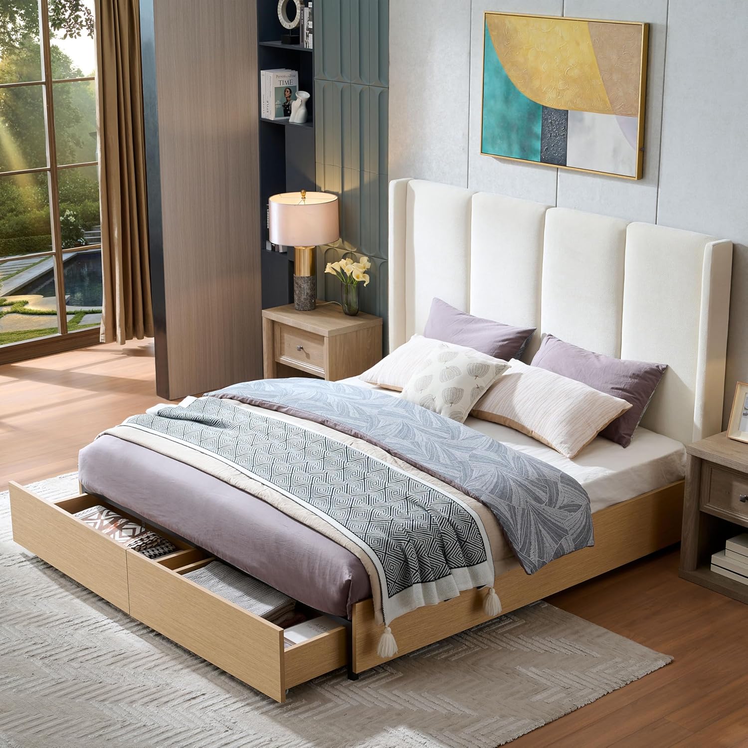 King Upholstered Bed Frame, Extra High Wingback Headboard and 2 Footboard Storage Drawers, Linen Fabric, Light Oak Wood-Finish Base, No Box Spring Needed, Easy Assembly, Beige