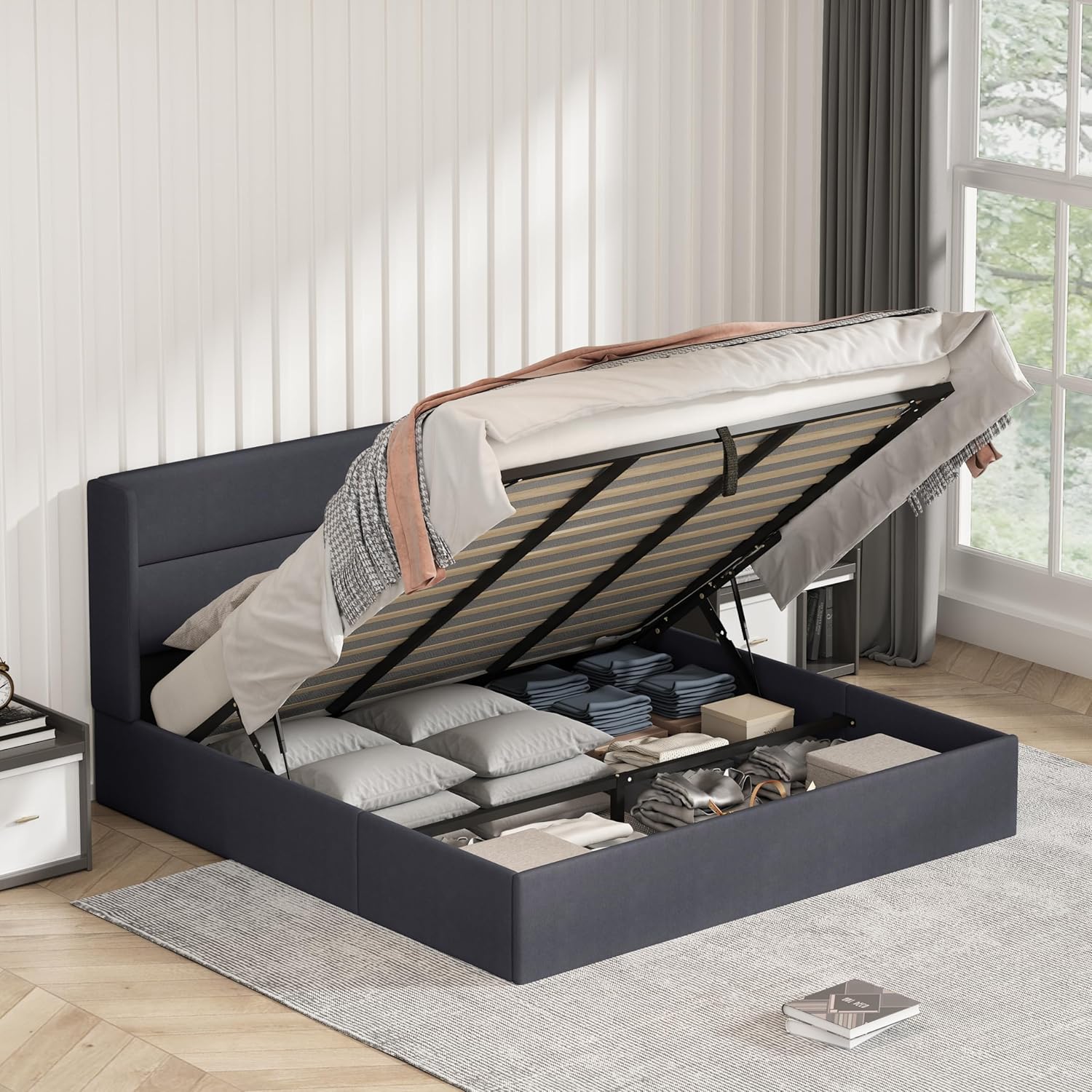 King Size Bed Frame with Storage, Upholstered Platform with Hydraulic, Flannel Fabric Wingback Headboard, Noiseless Wooden Slat Support, No Box Spring Needed, Misty Blue