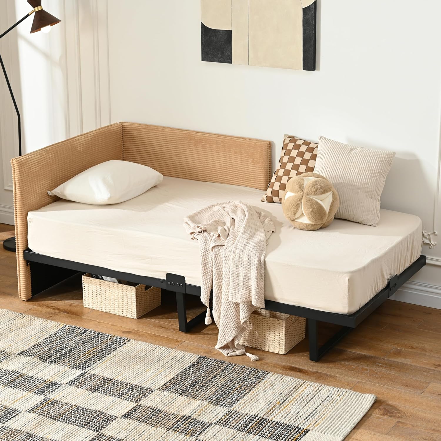 Twin Size Upholstered Daybed Frame, Corduroy Corner Sofa Bed, Guest Bed with Versatile Side Placement, Wood Slat Support, Kids & Teens Rooms, No Box Spring Needed, Easy Assembly, Cream