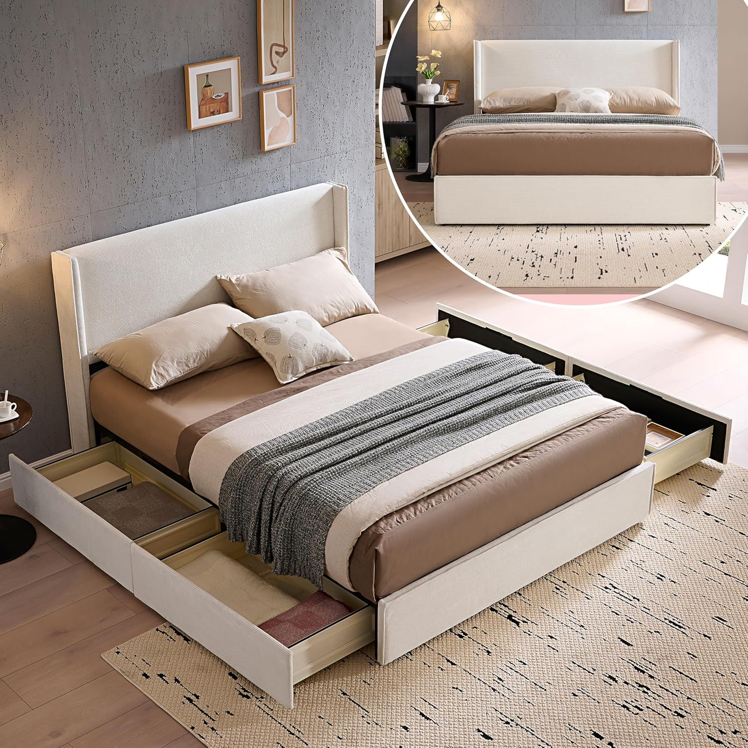 King Size Upholstered Platform Bed Frame with Modern Wingback Headboard, Corduroy Bed Frame with Underneath Storage, Wooden SLats Support, No Box Spring Needed, Easy Assenmbly, Turtle
