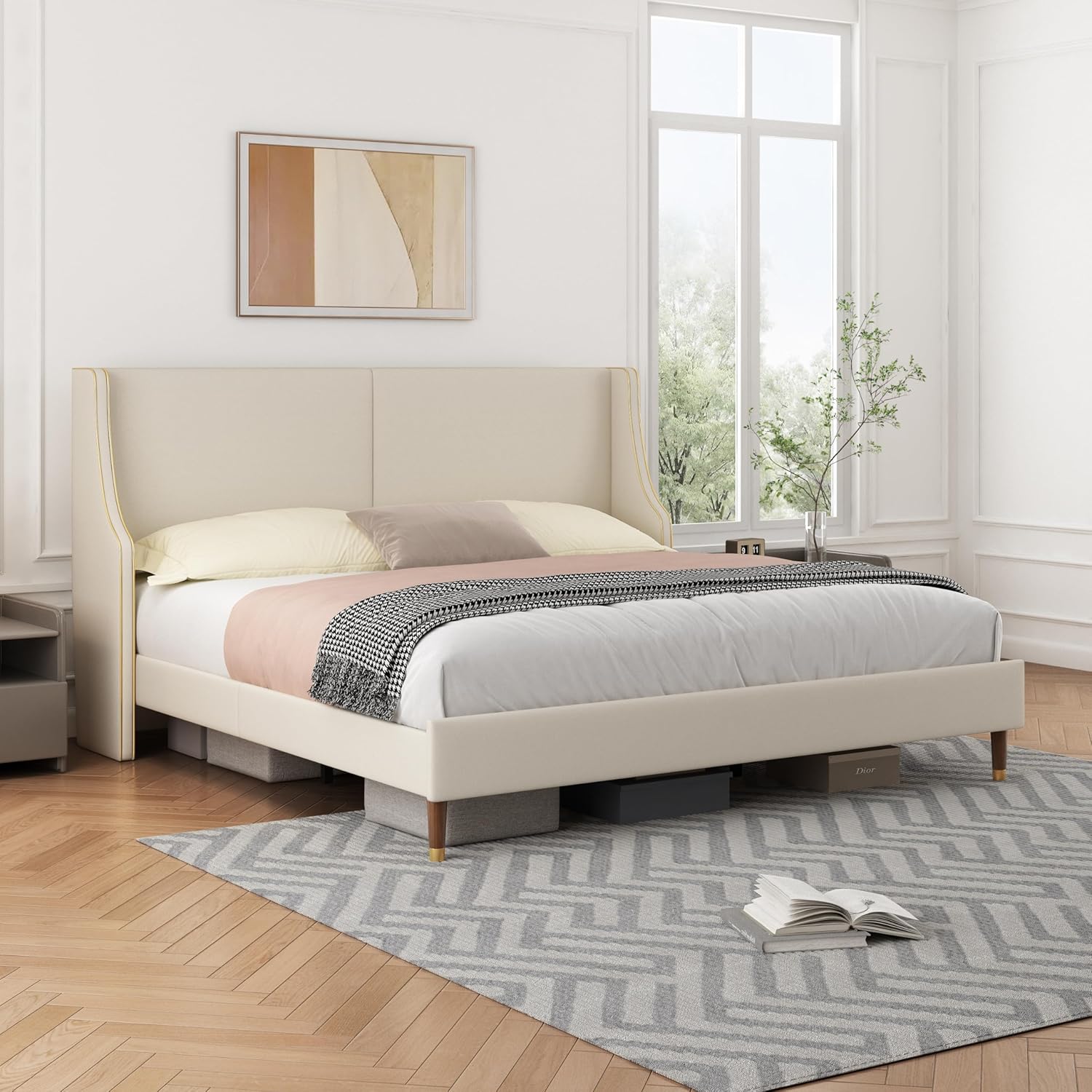 Queen Size Upholstered Platform Bed Frame, 15.16" Gold Edge Wingback Headboard, Linen Fabric & Wooden Slats, No Box Spring Needed, Easy Assembly, Beige