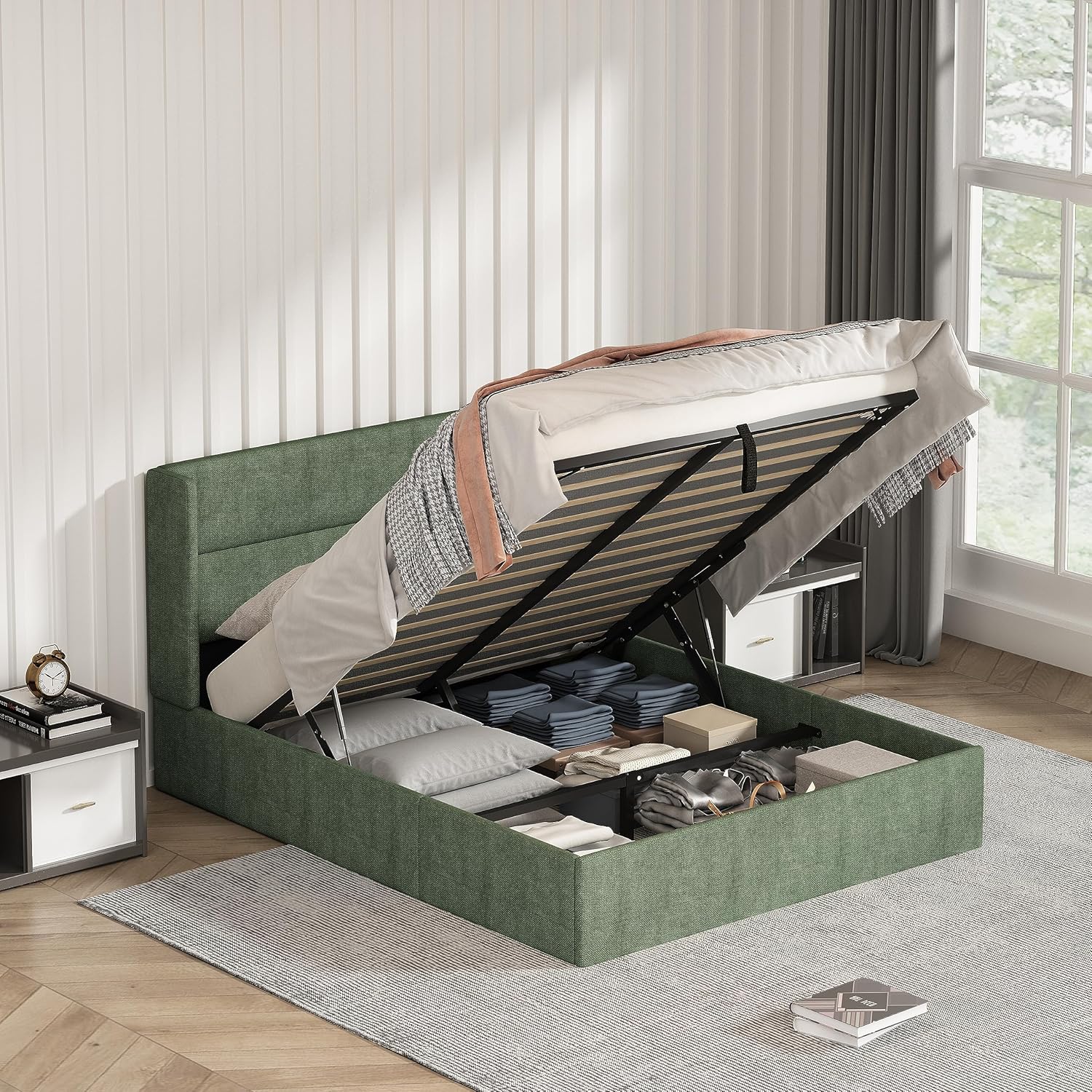 King Size Bed Frame with Storage, Upholstered Platform with Hydraulic, Flannel Fabric Wingback Headboard, Noiseless Wooden Slat Support, No Box Spring Needed, Misty Blue