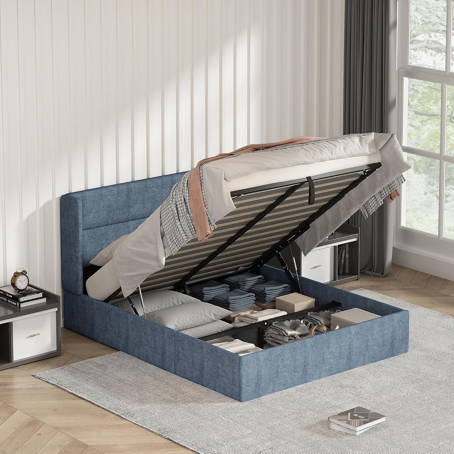 King Size Bed Frame with Storage, Upholstered Platform with Hydraulic, Flannel Fabric Wingback Headboard, Noiseless Wooden Slat Support, No Box Spring Needed, Misty Blue