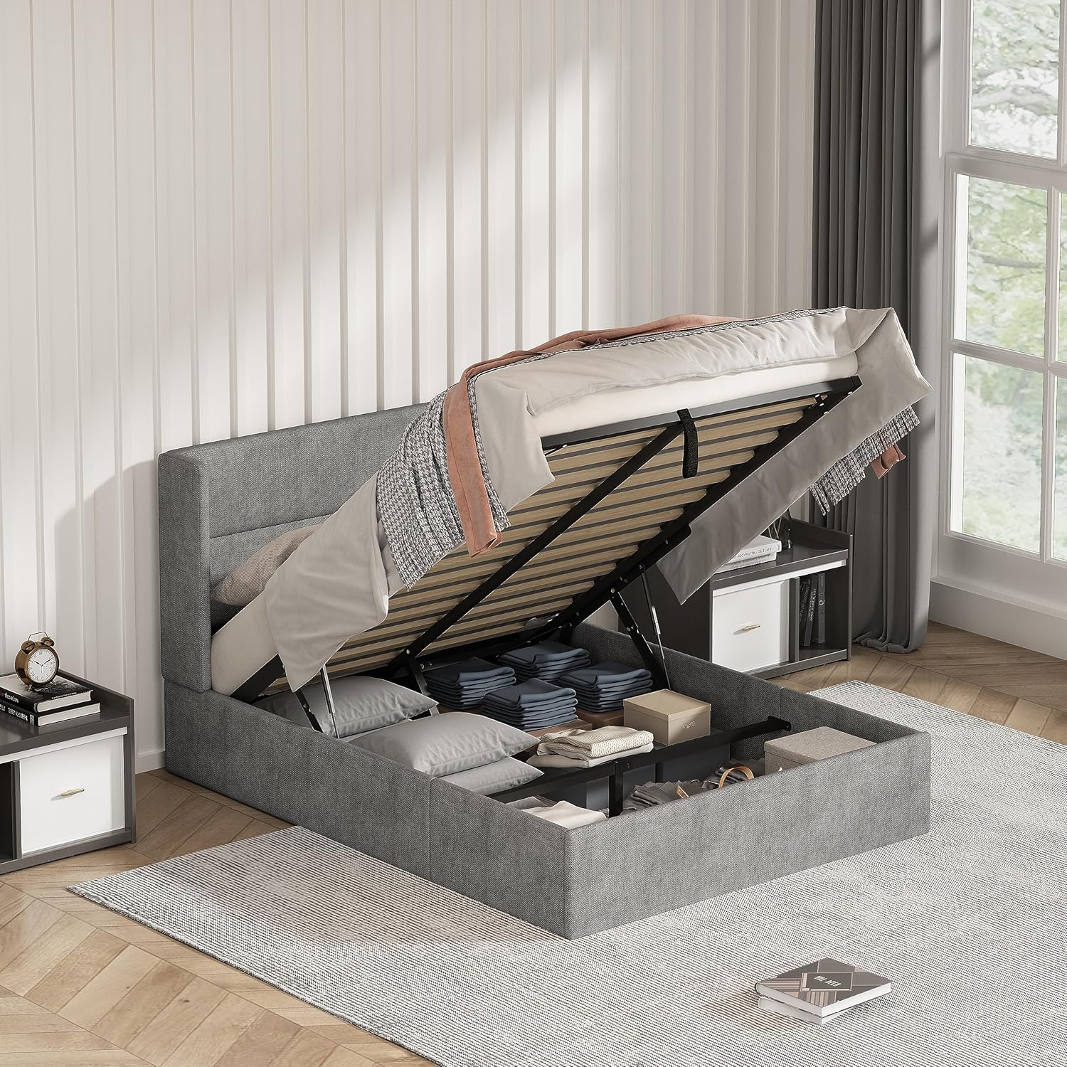 King Size Bed Frame with Storage, Upholstered Platform with Hydraulic, Flannel Fabric Wingback Headboard, Noiseless Wooden Slat Support, No Box Spring Needed, Misty Blue