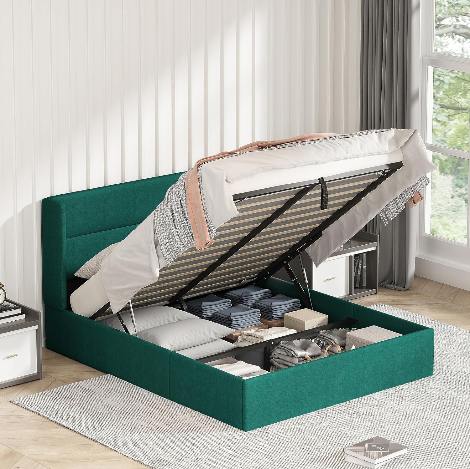 King Size Bed Frame with Storage, Upholstered Platform with Hydraulic, Flannel Fabric Wingback Headboard, Noiseless Wooden Slat Support, No Box Spring Needed, Misty Blue