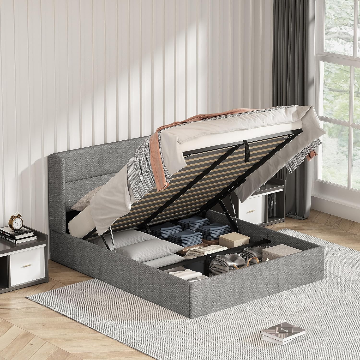 King Size Bed Frame with Storage, Upholstered Platform with Hydraulic, Flannel Fabric Wingback Headboard, Noiseless Wooden Slat Support, No Box Spring Needed, Misty Blue