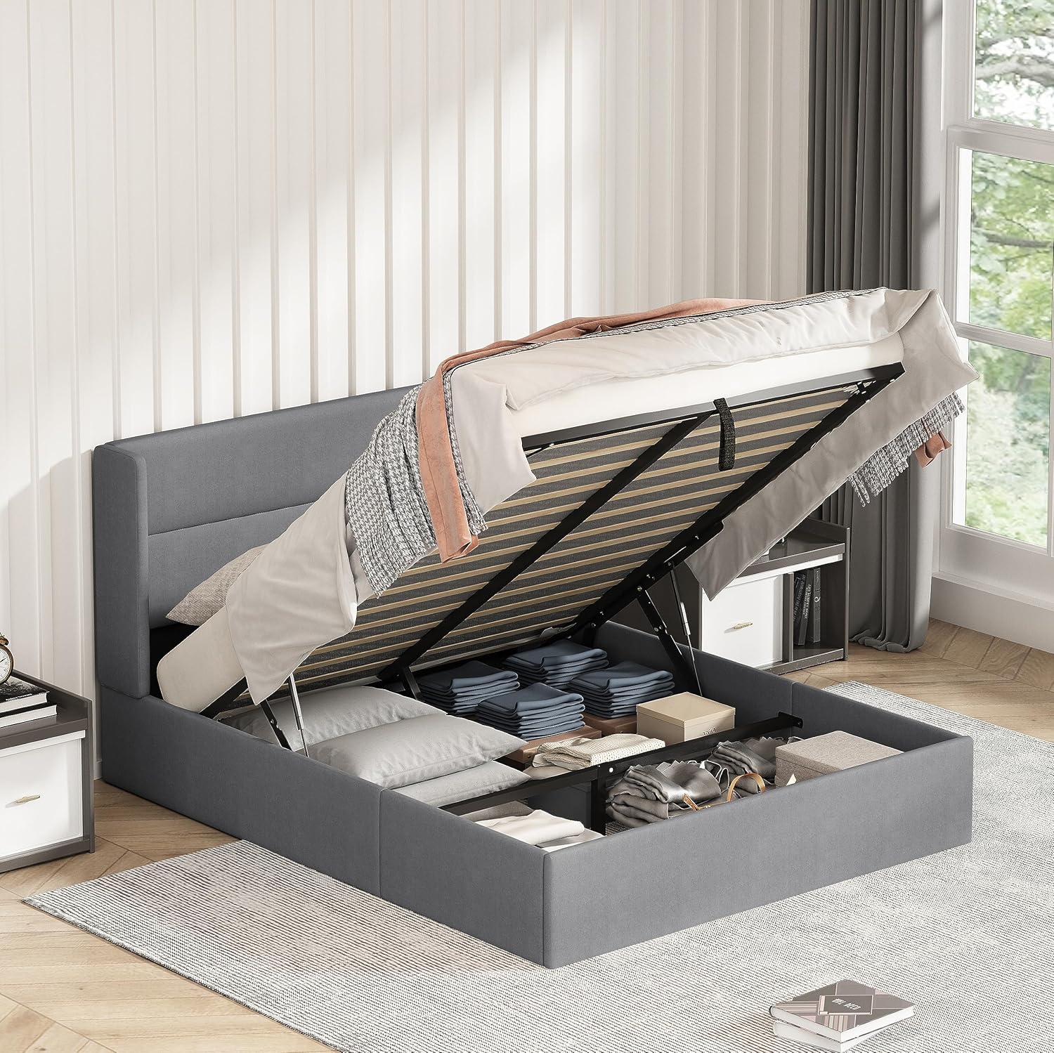 King Size Bed Frame with Storage, Upholstered Platform with Hydraulic, Flannel Fabric Wingback Headboard, Noiseless Wooden Slat Support, No Box Spring Needed, Misty Blue