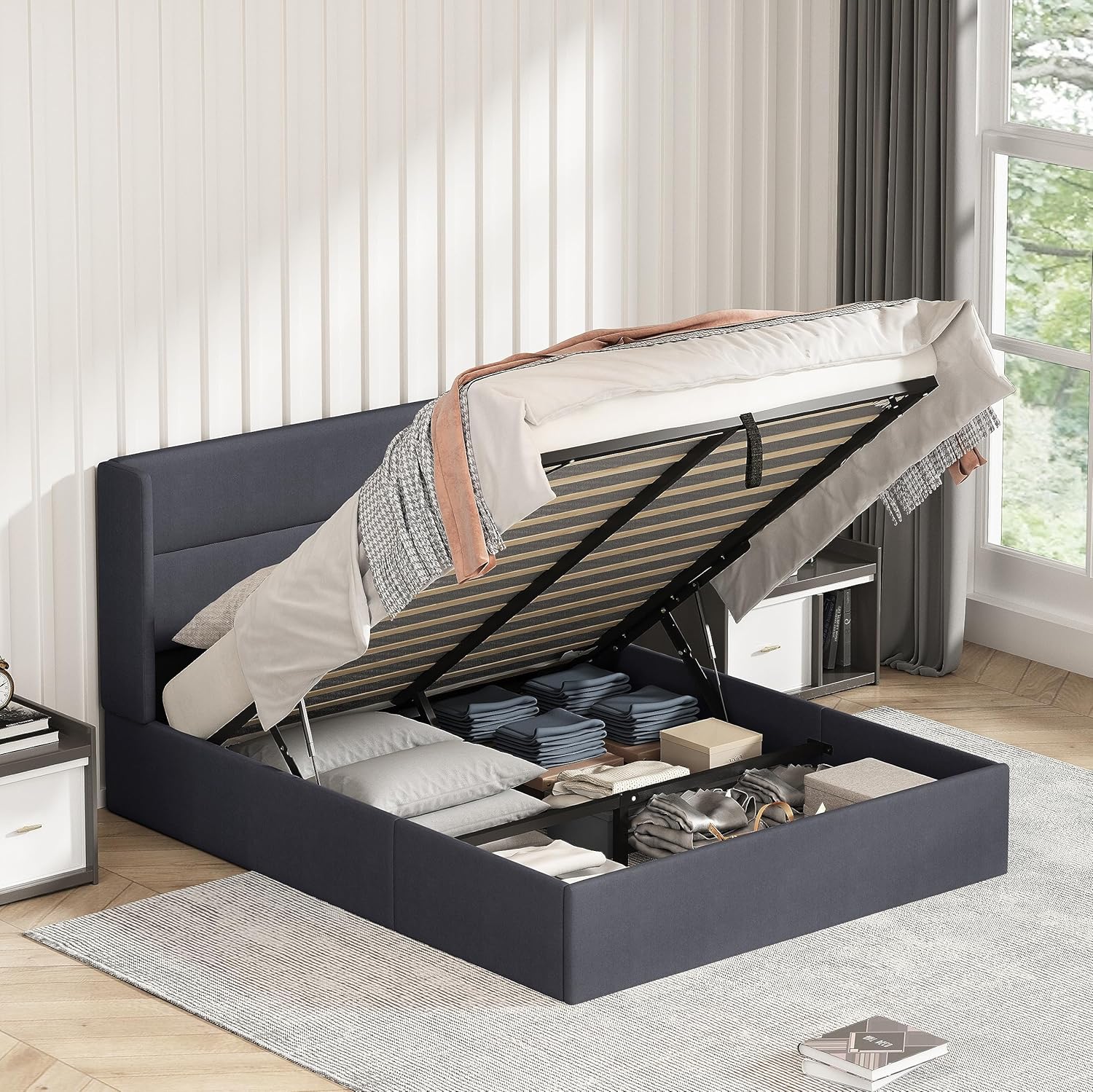 King Size Bed Frame with Storage, Upholstered Platform with Hydraulic, Flannel Fabric Wingback Headboard, Noiseless Wooden Slat Support, No Box Spring Needed, Misty Blue