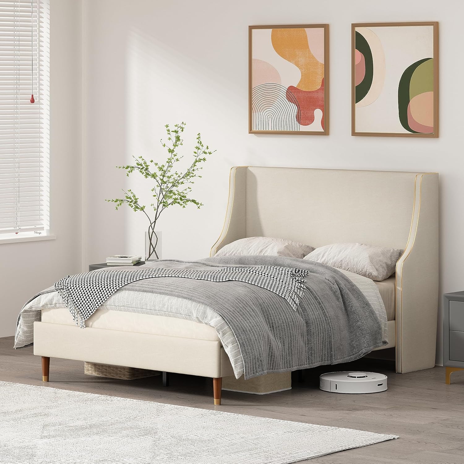 King Size Upholstered Platform Bed Frame, Linen Headboard, Metal Frame Wooden Slat Support, Golden PVC Material Edge,No Box Spring Needed, High Wood Foot, Easy to Assemble, Beige