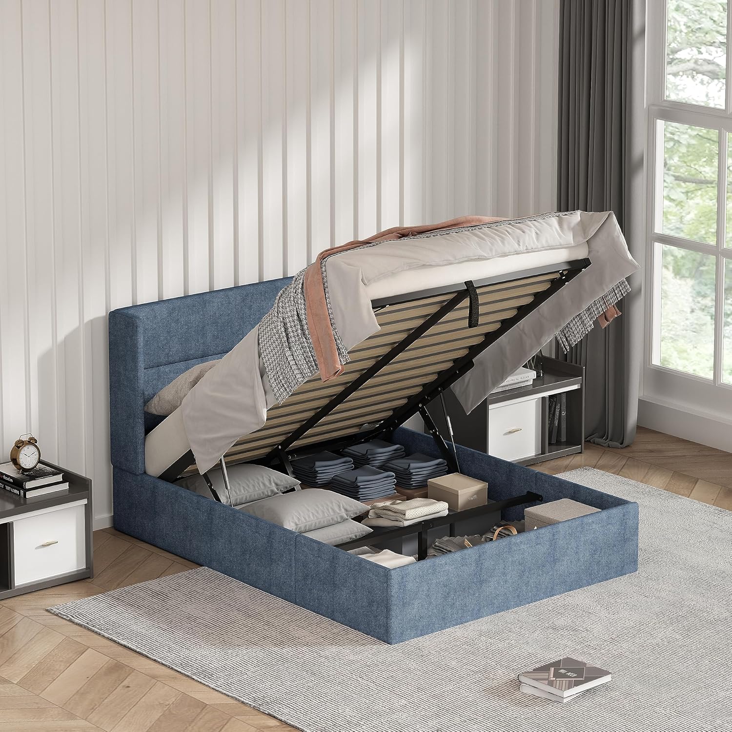 King Size Bed Frame with Storage, Upholstered Platform with Hydraulic, Flannel Fabric Wingback Headboard, Noiseless Wooden Slat Support, No Box Spring Needed, Misty Blue