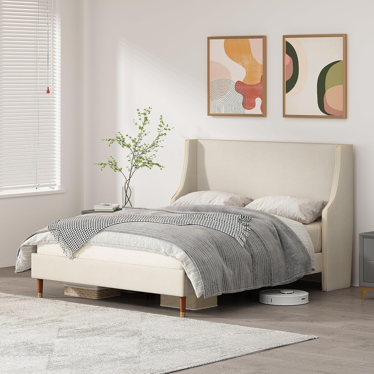 King Size Upholstered Platform Bed Frame, Linen Headboard, Metal Frame Wooden Slat Support, Golden PVC Material Edge,No Box Spring Needed, High Wood Foot, Easy to Assemble, Beige