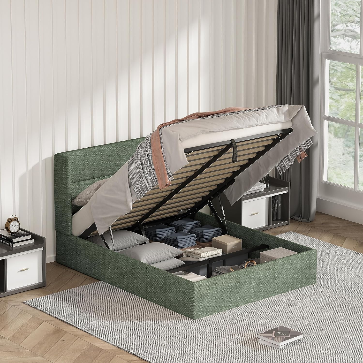 King Size Bed Frame with Storage, Upholstered Platform with Hydraulic, Flannel Fabric Wingback Headboard, Noiseless Wooden Slat Support, No Box Spring Needed, Misty Blue